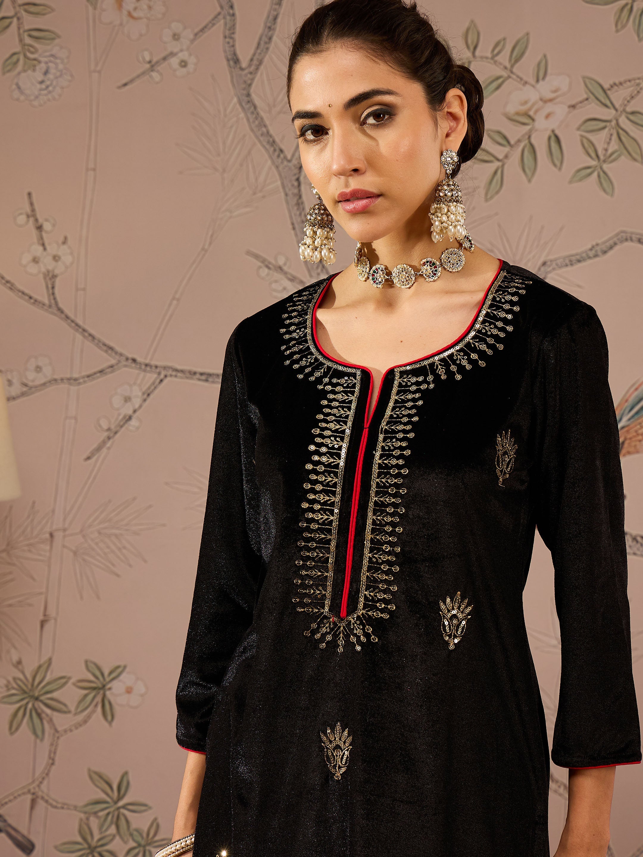 Women Black Velvet Front All Over Embroidered Straight kurta