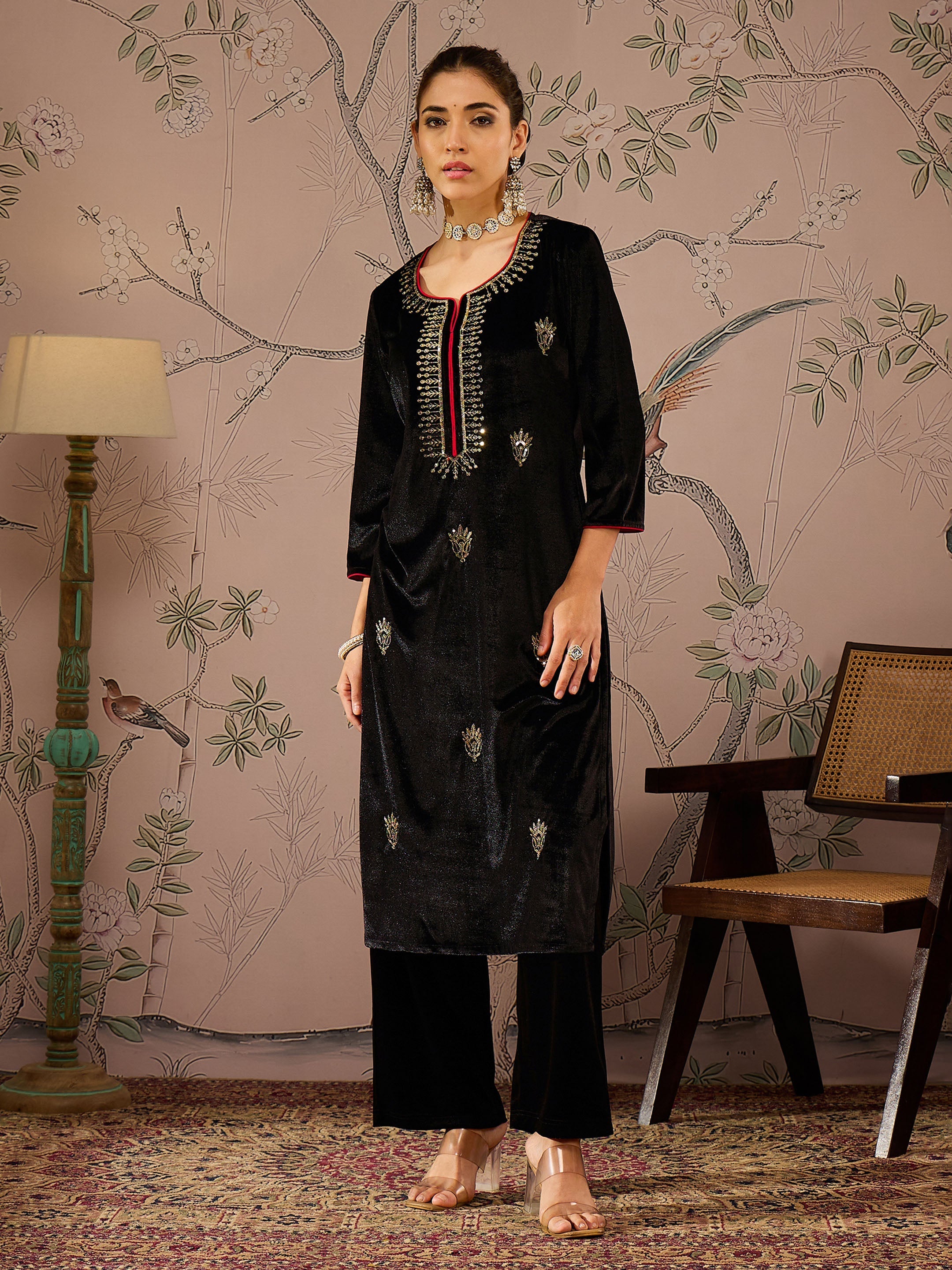 Women Black Velvet Front All Over Embroidered Straight kurta