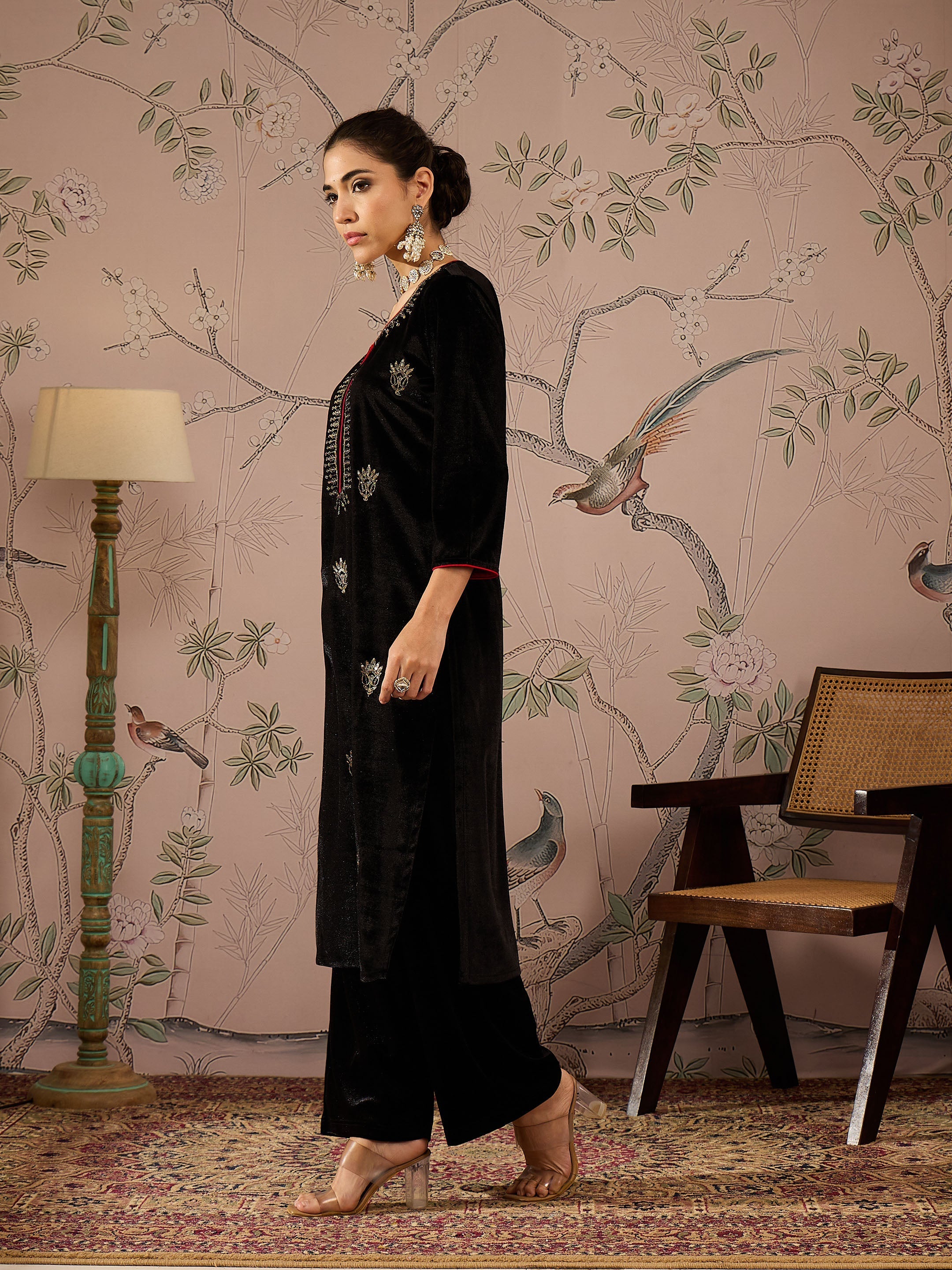 Women Black Velvet Front All Over Embroidered Straight kurta