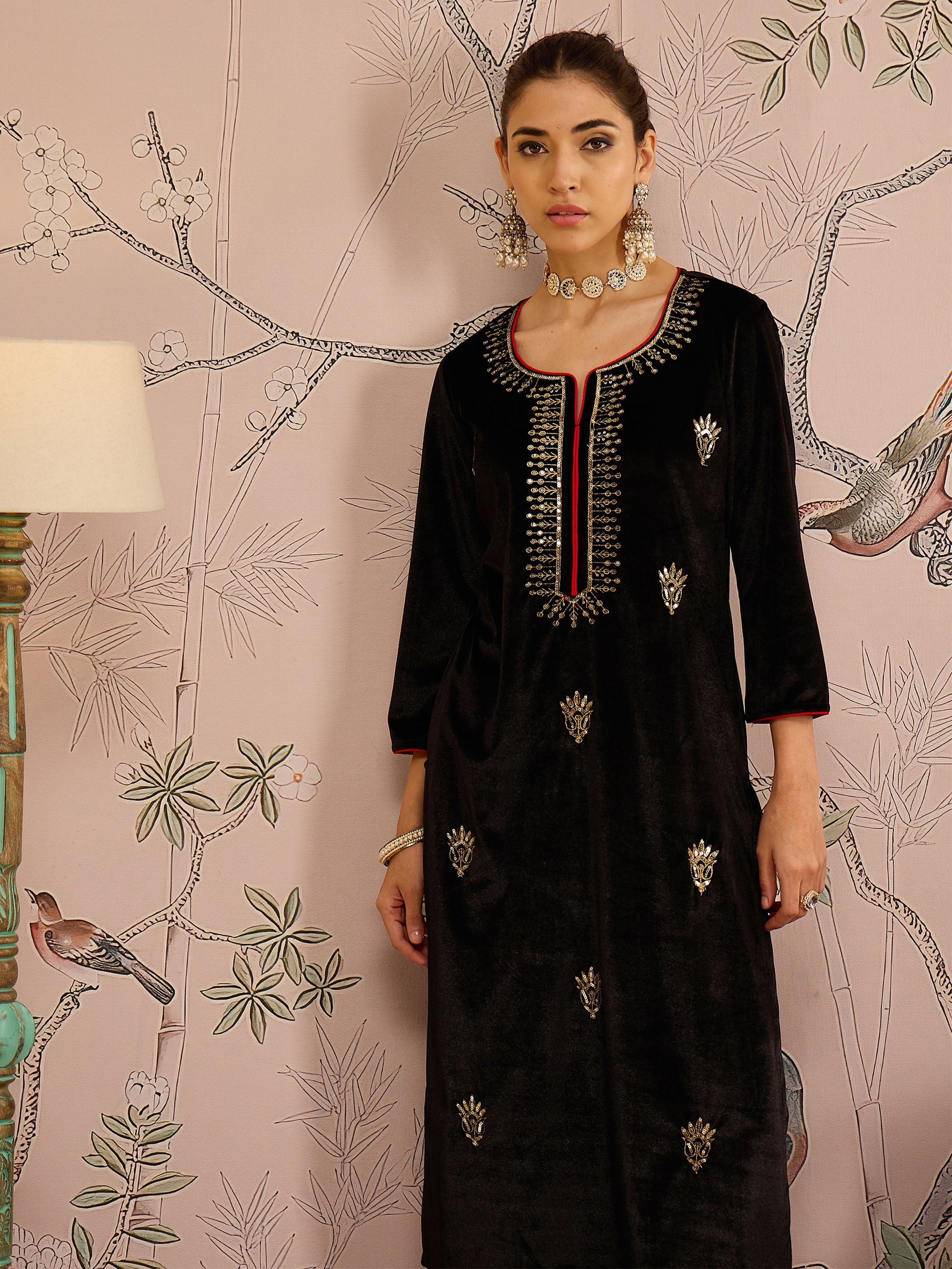 Women Black Velvet Front All Over Embroidered Straight kurta