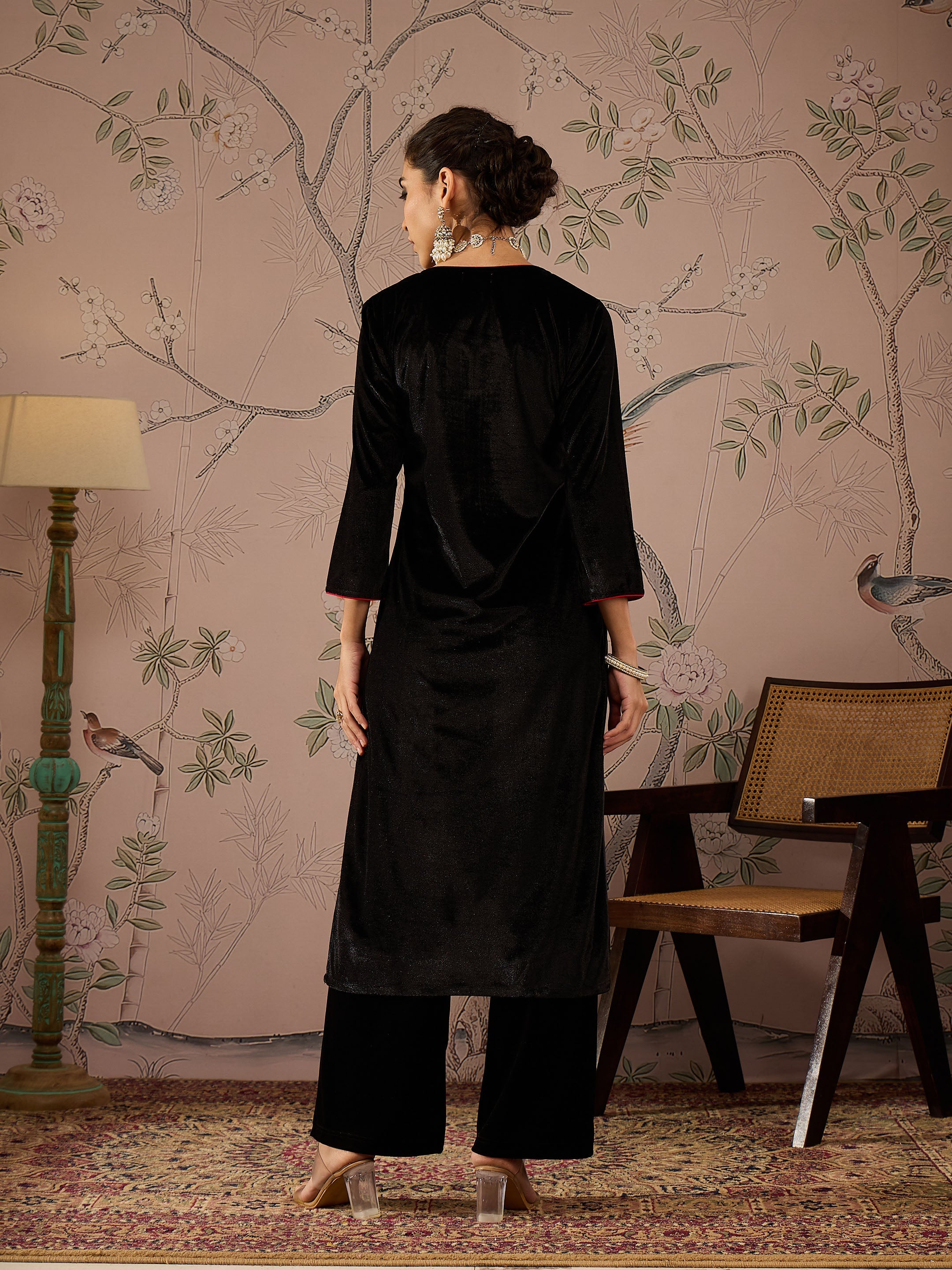 Women Black Velvet Front All Over Embroidered Straight kurta