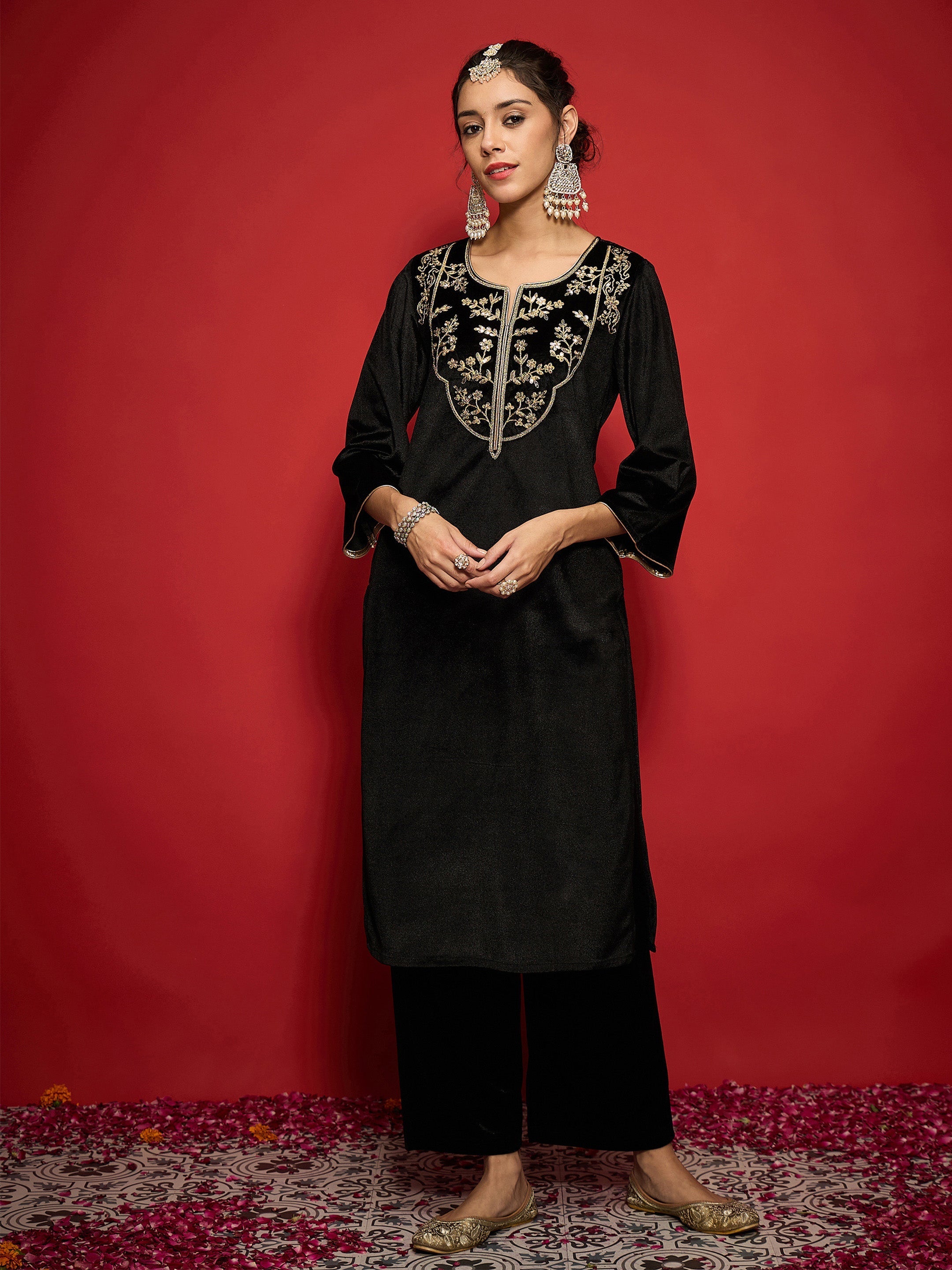 Women Black Velvet Straight Embroidered Kurta
