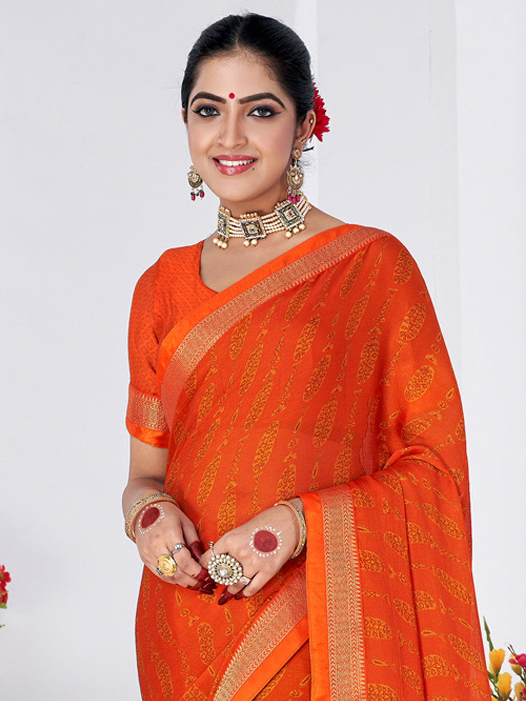 Chiffon Orange Printed Designer Saree With Blouse