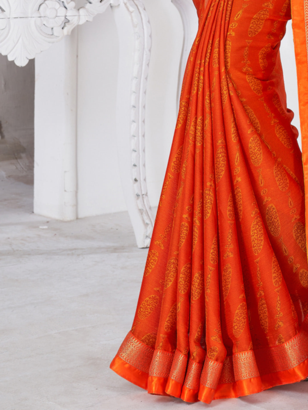 Chiffon Orange Printed Designer Saree With Blouse
