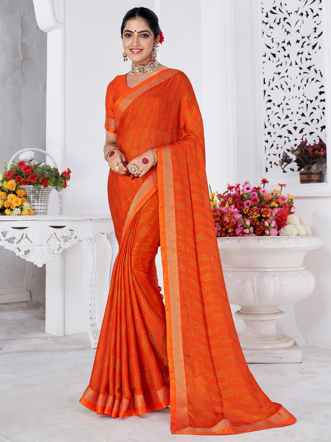 Chiffon Orange Printed Designer Saree With Blouse
