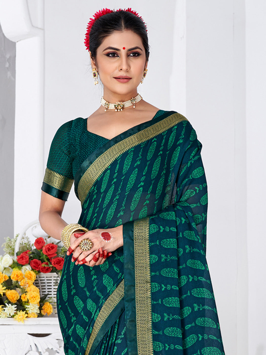 Chiffon Teal blue Printed Designer Saree With Blouse