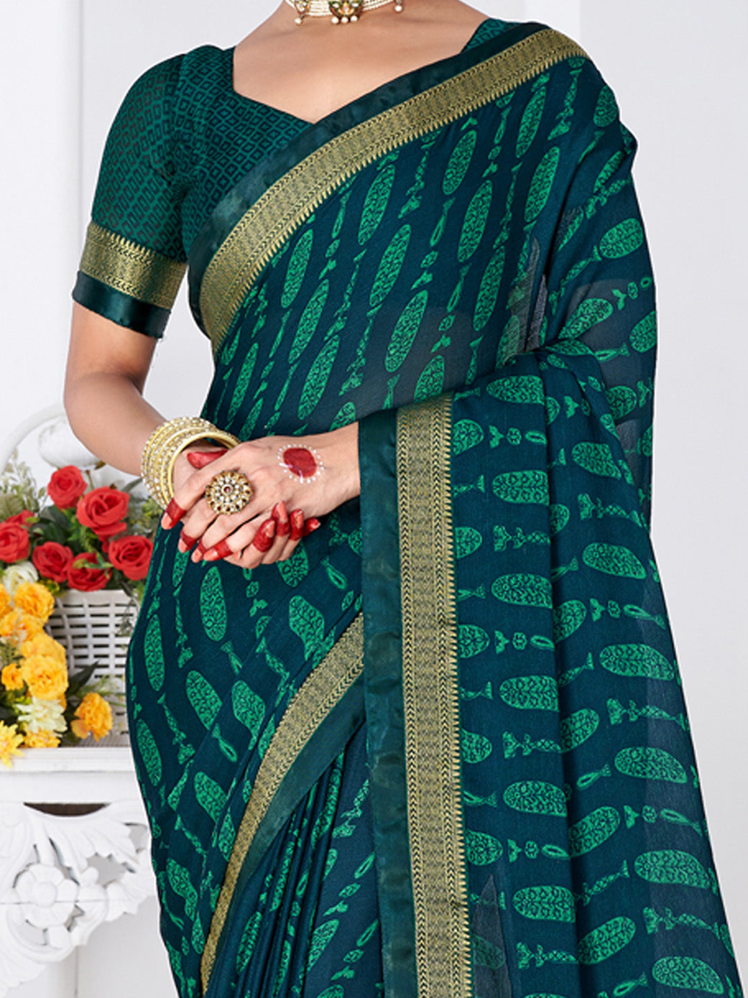 Chiffon Teal blue Printed Designer Saree With Blouse
