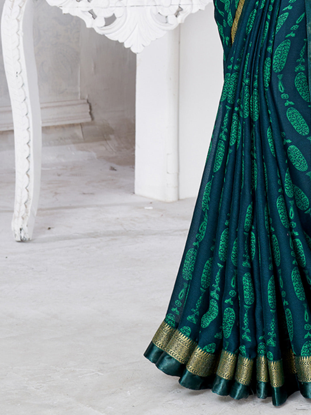 Chiffon Teal blue Printed Designer Saree With Blouse