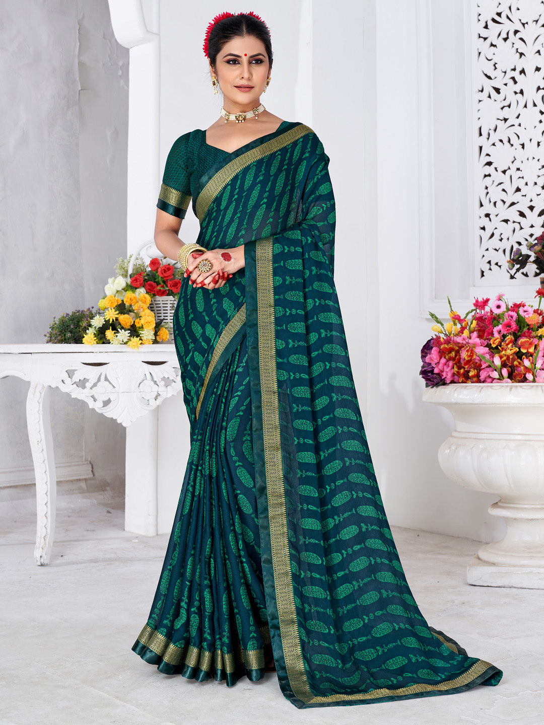 Chiffon Teal blue Printed Designer Saree With Blouse