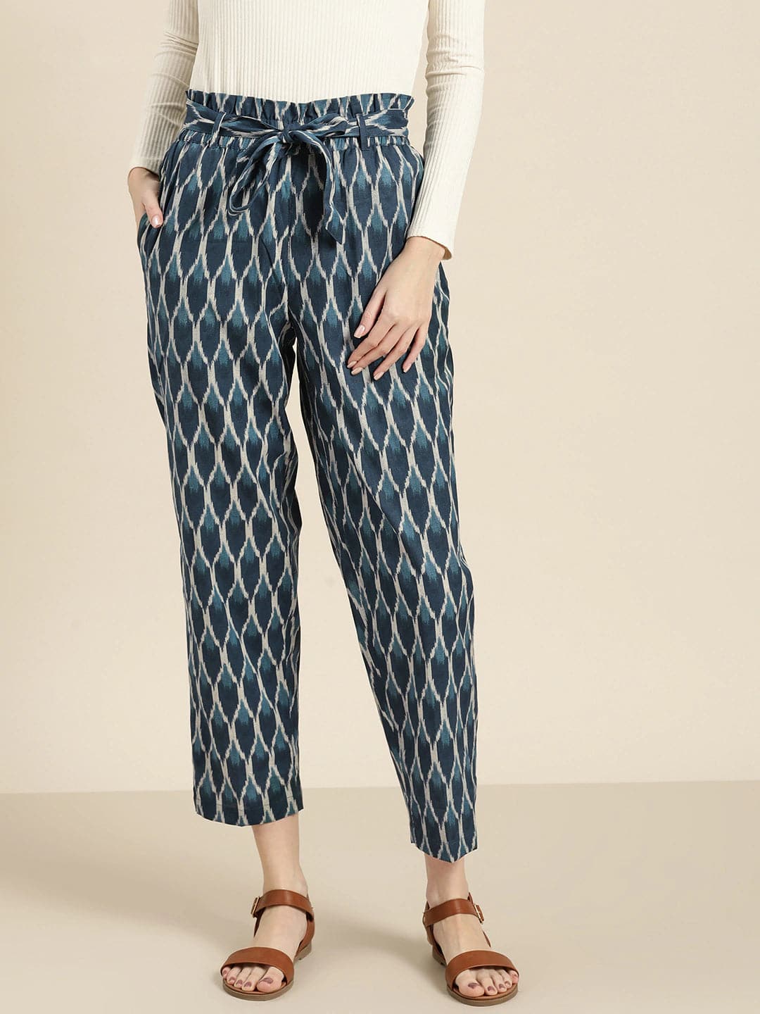 Navy Ikat Paper Bag Pants