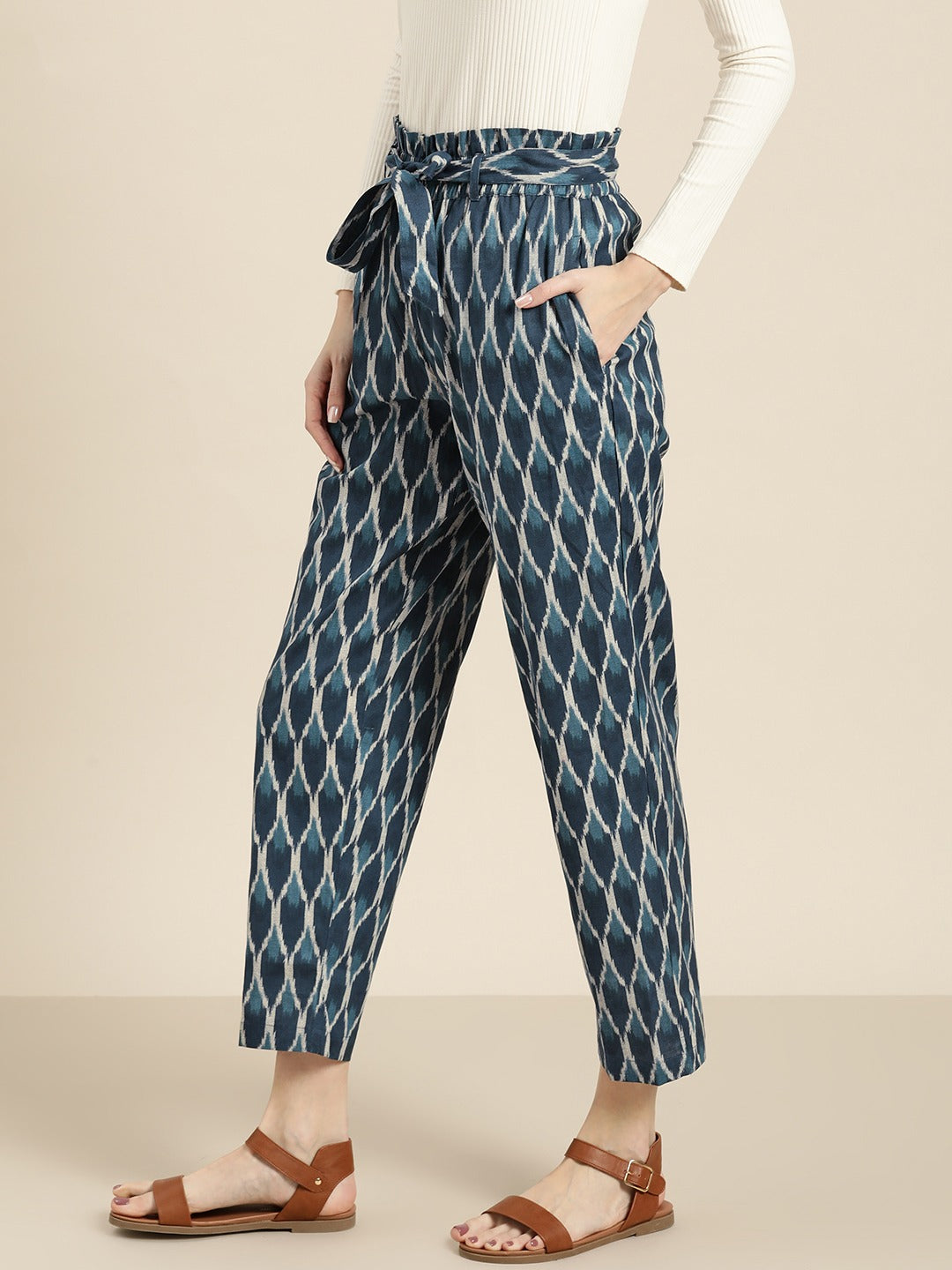 Navy Ikat Paper Bag Pants