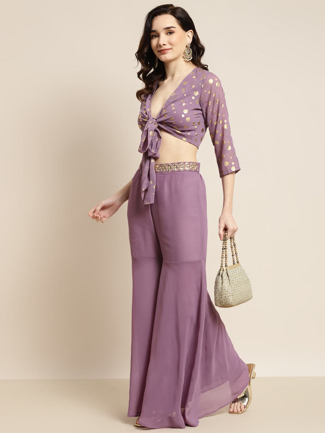 Women Purple Foil Print Crop Top With Sharara Pants