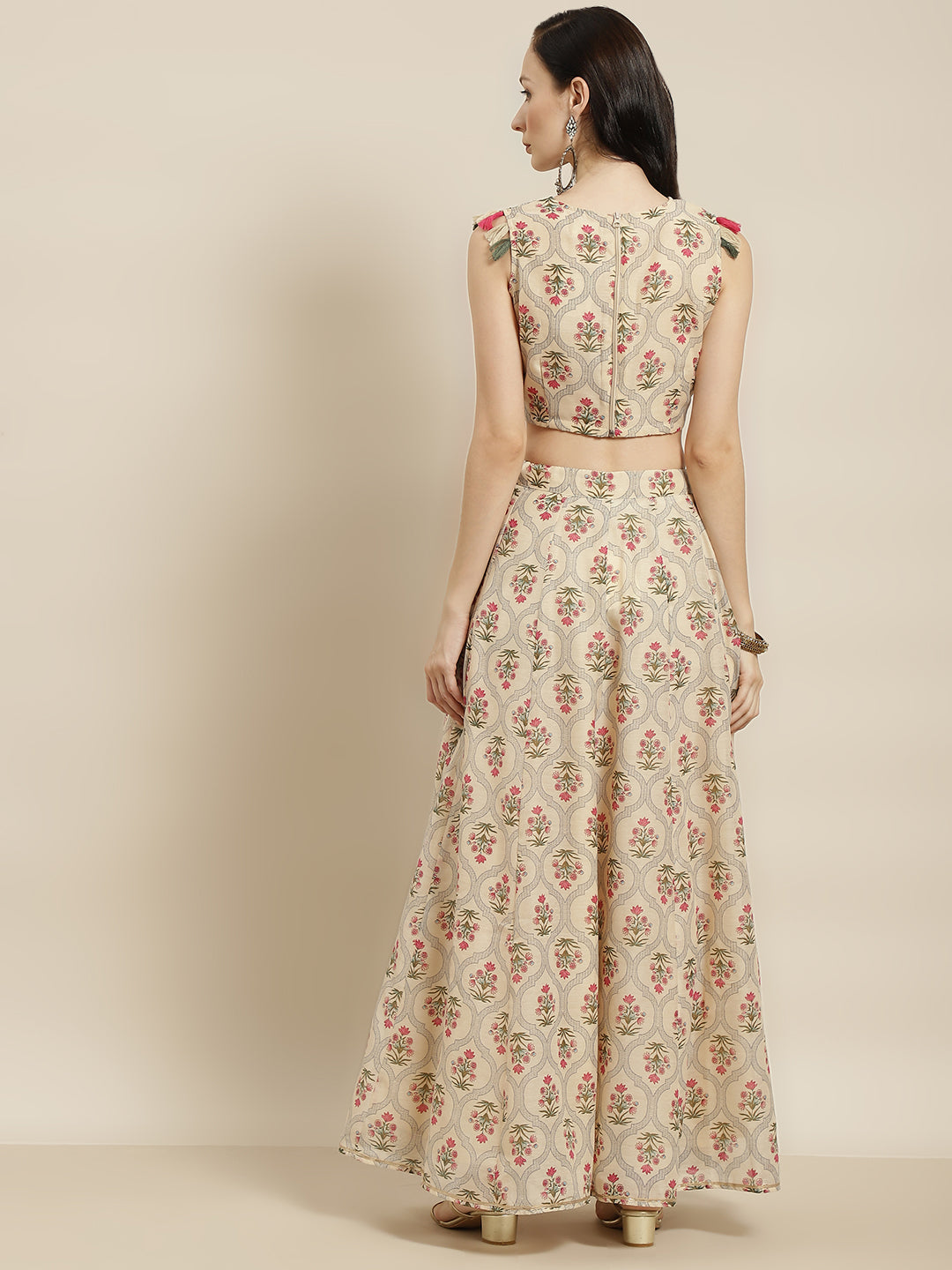 Women Beige Mughal Floral Crop Top With Anarkali Skirt