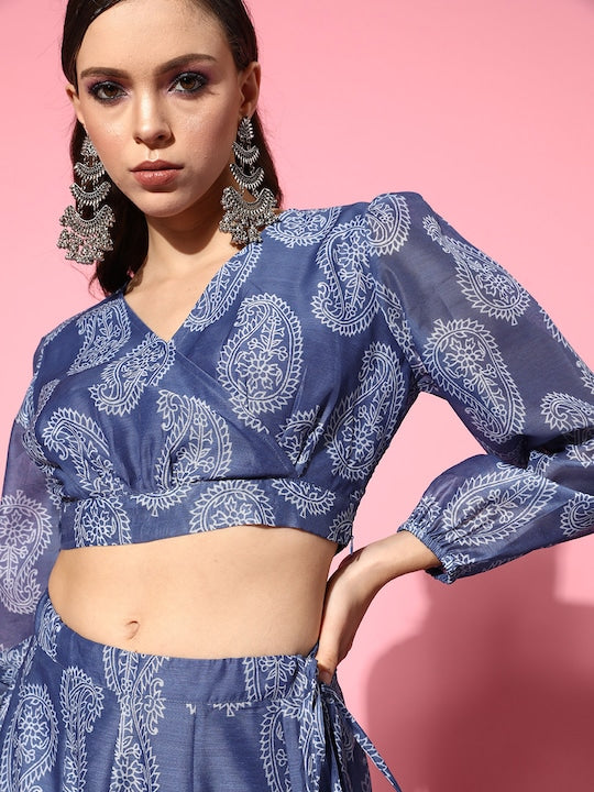 Women Blue Paisley Wrap Crop Top With Aanarkali Skirt