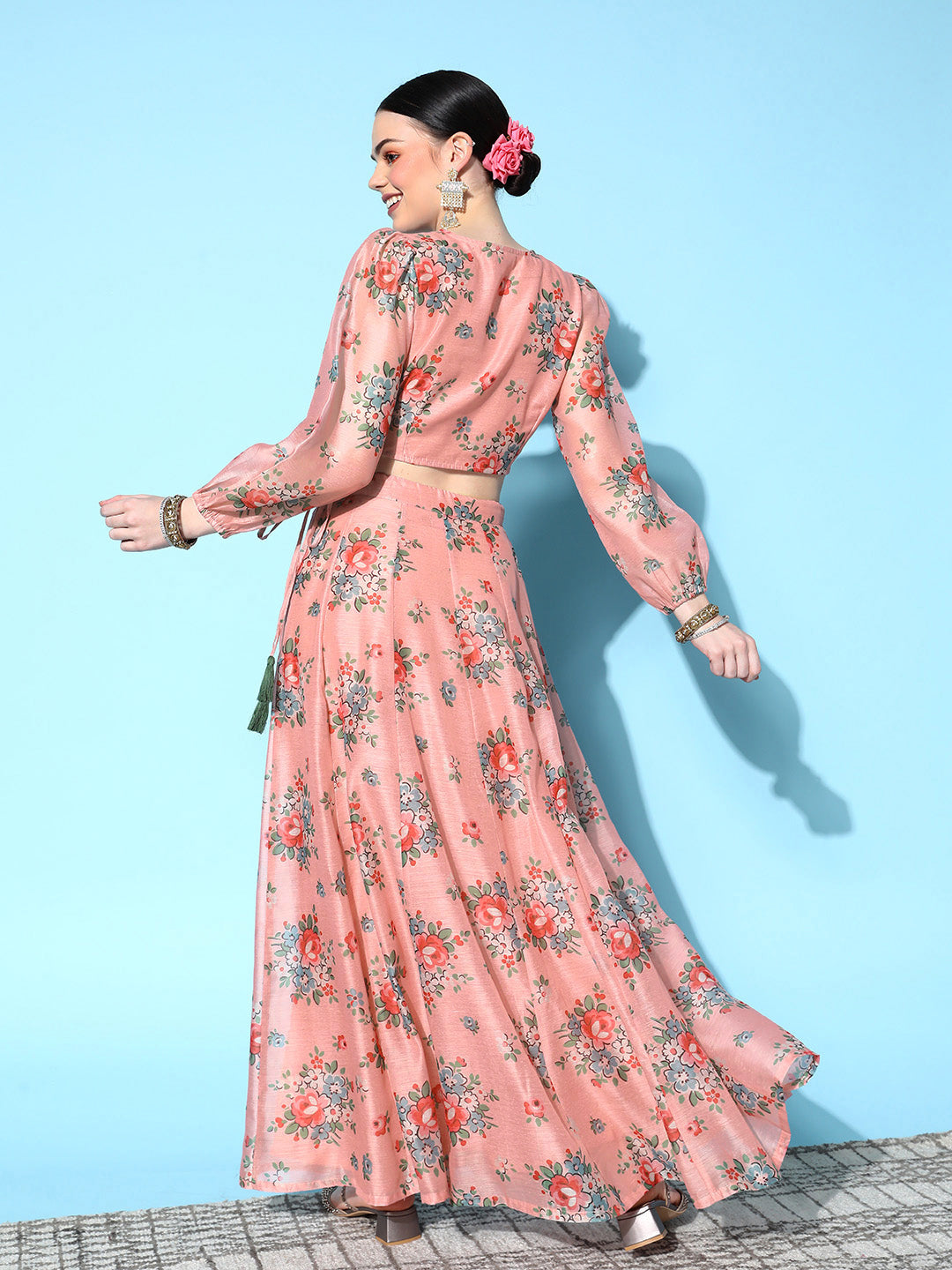 Women Peach Floral Wrap Crop Top With Anarkali Skirt