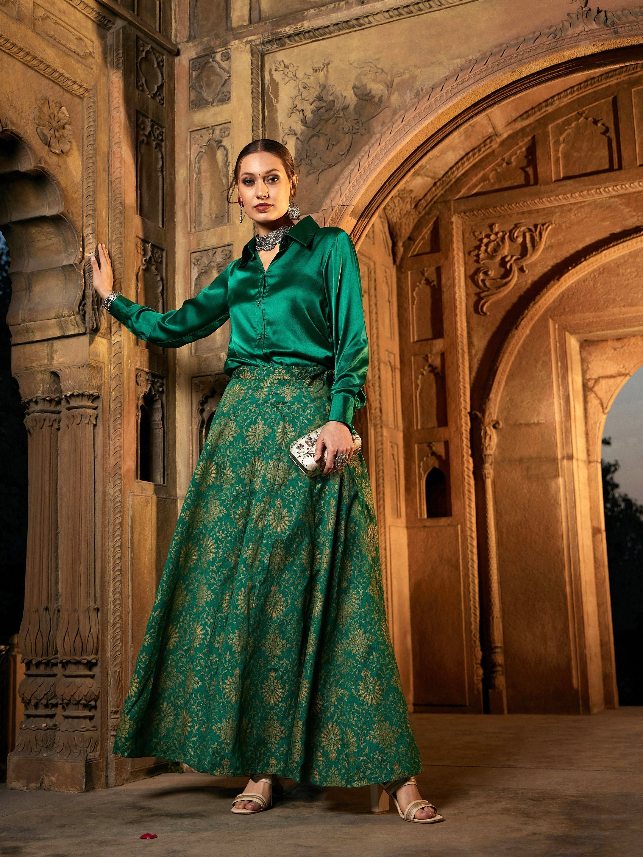 Women Green Satin Shirt With Brocade Skirt