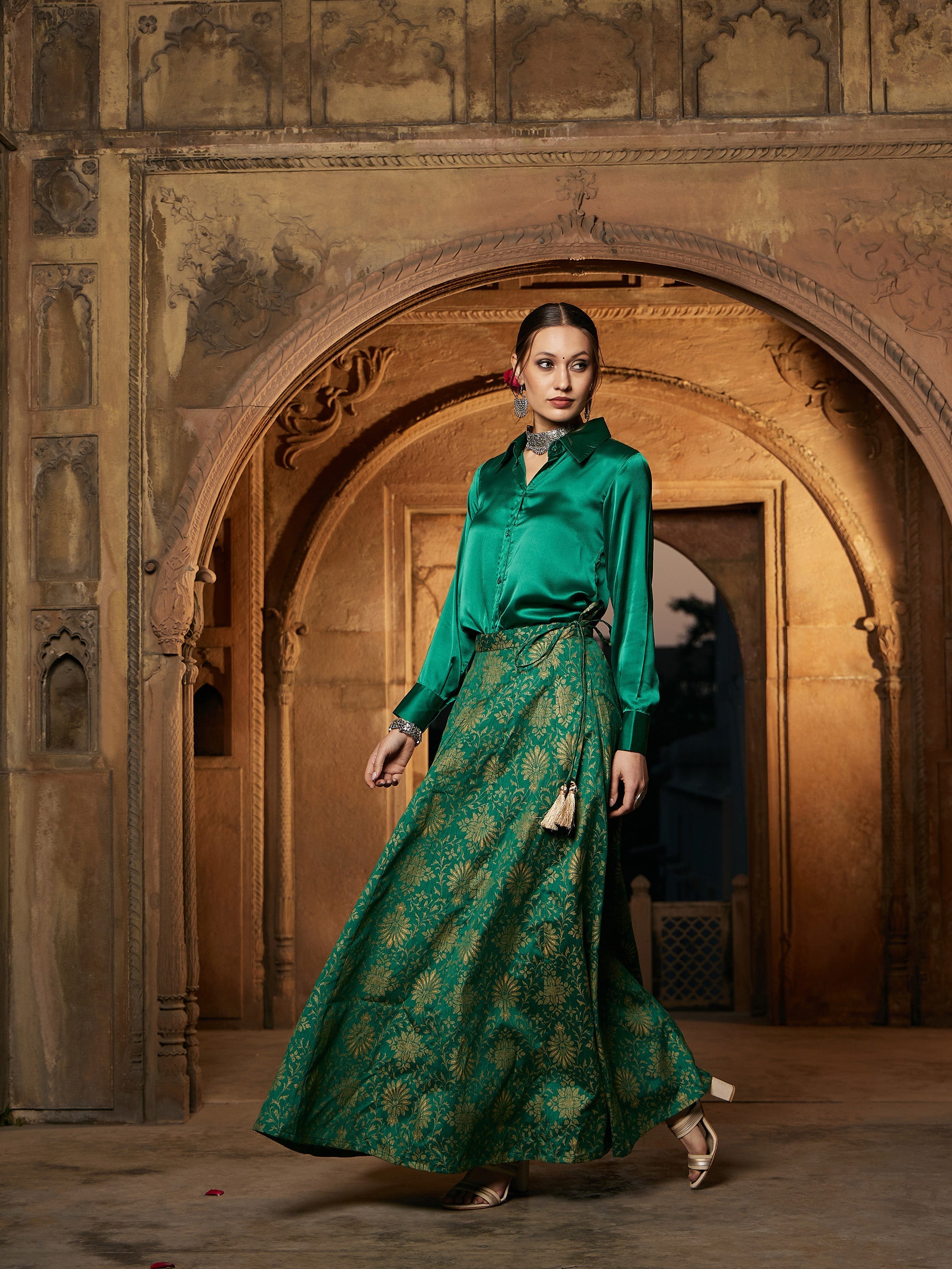 Women Green Satin Shirt With Brocade Skirt