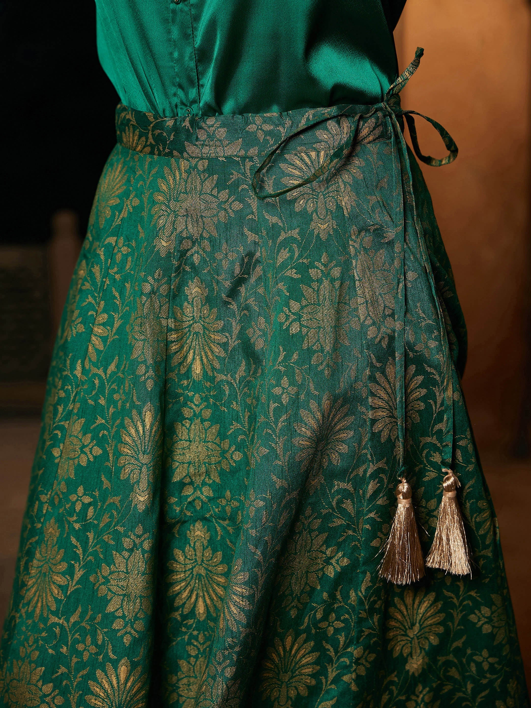 Women Green Satin Shirt With Brocade Skirt