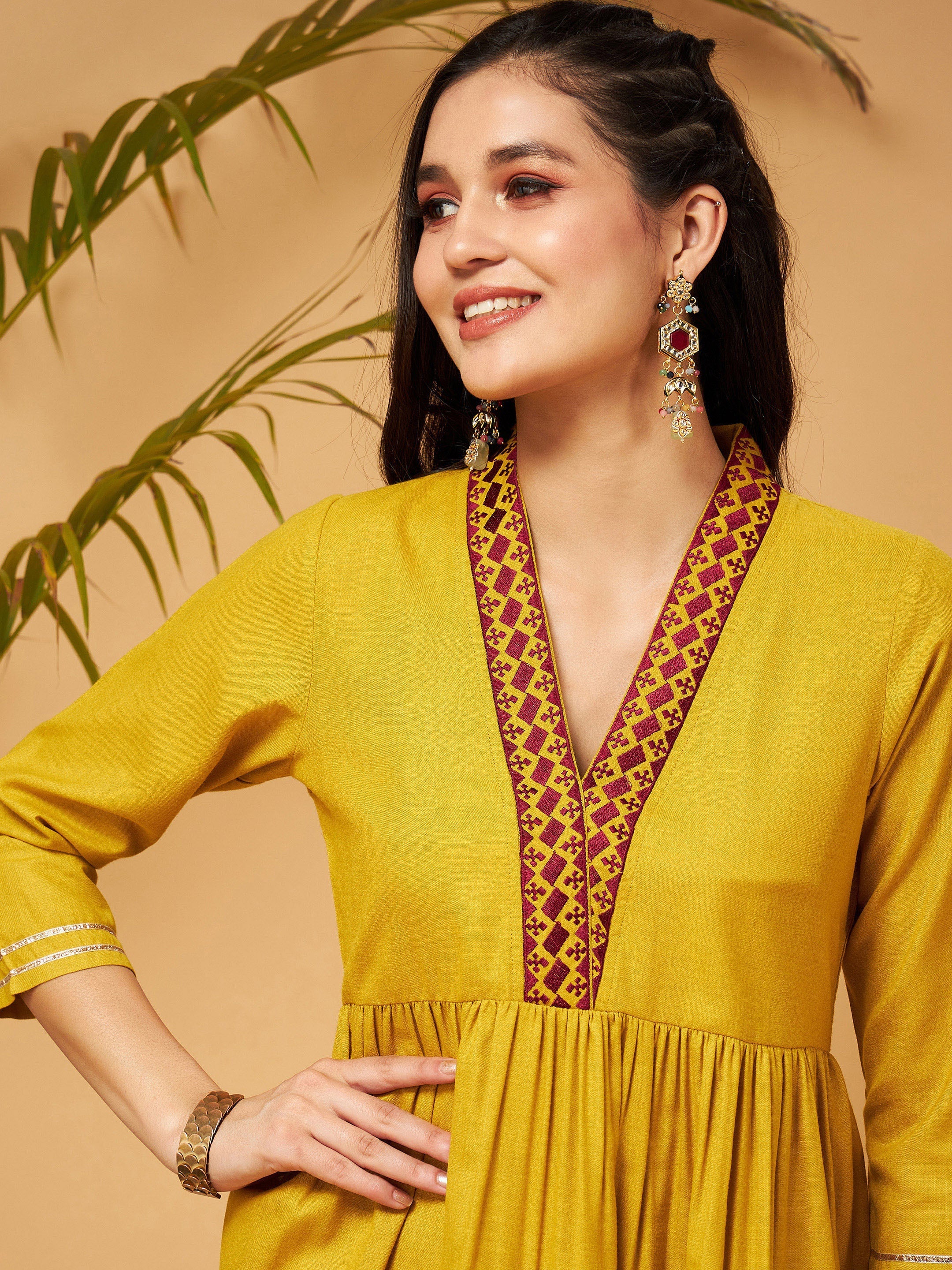 Women Mustard Embroidered Gathered Top With Palazzos