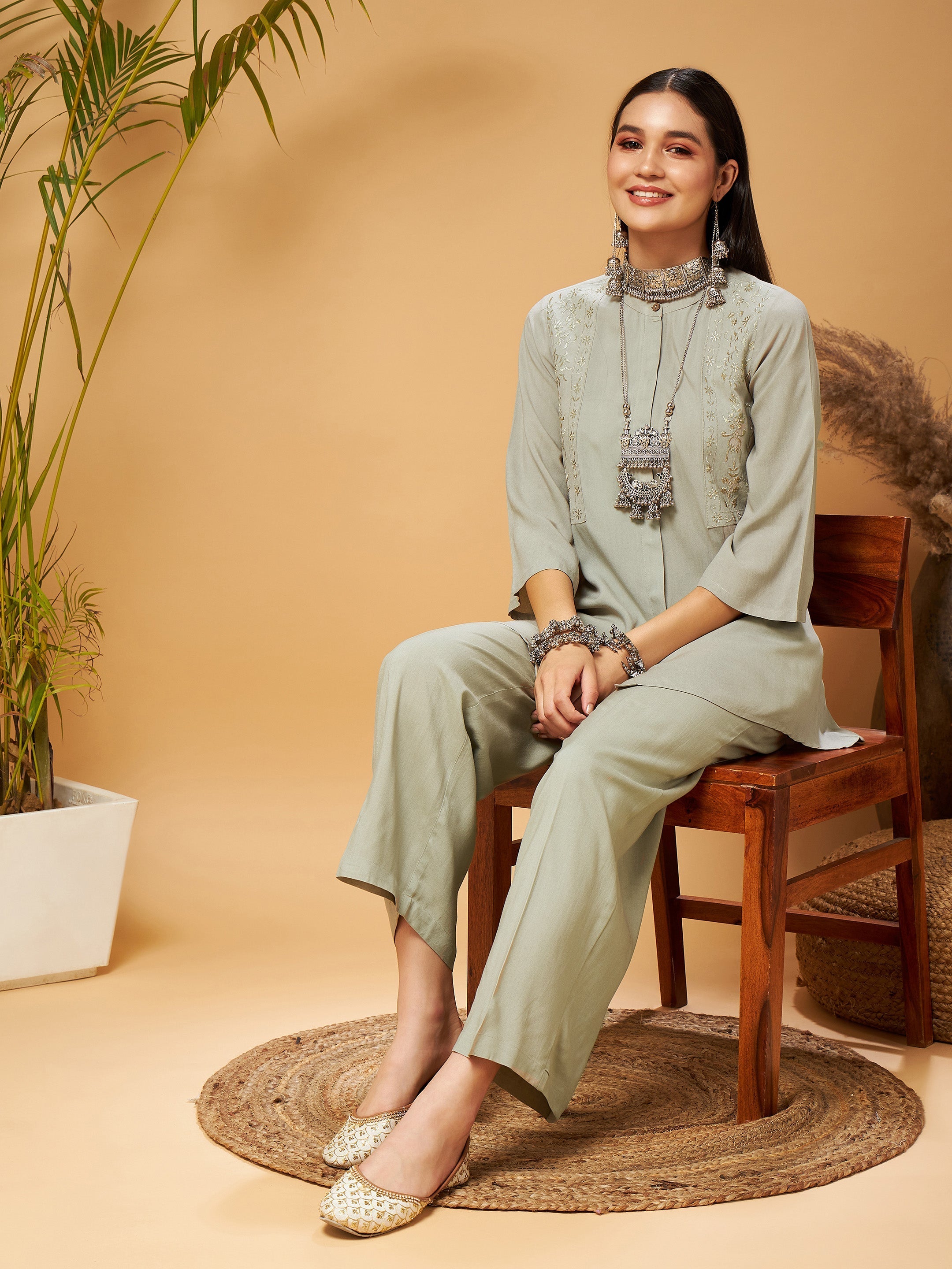 Women Taupe Embroidered Top With Palazzos