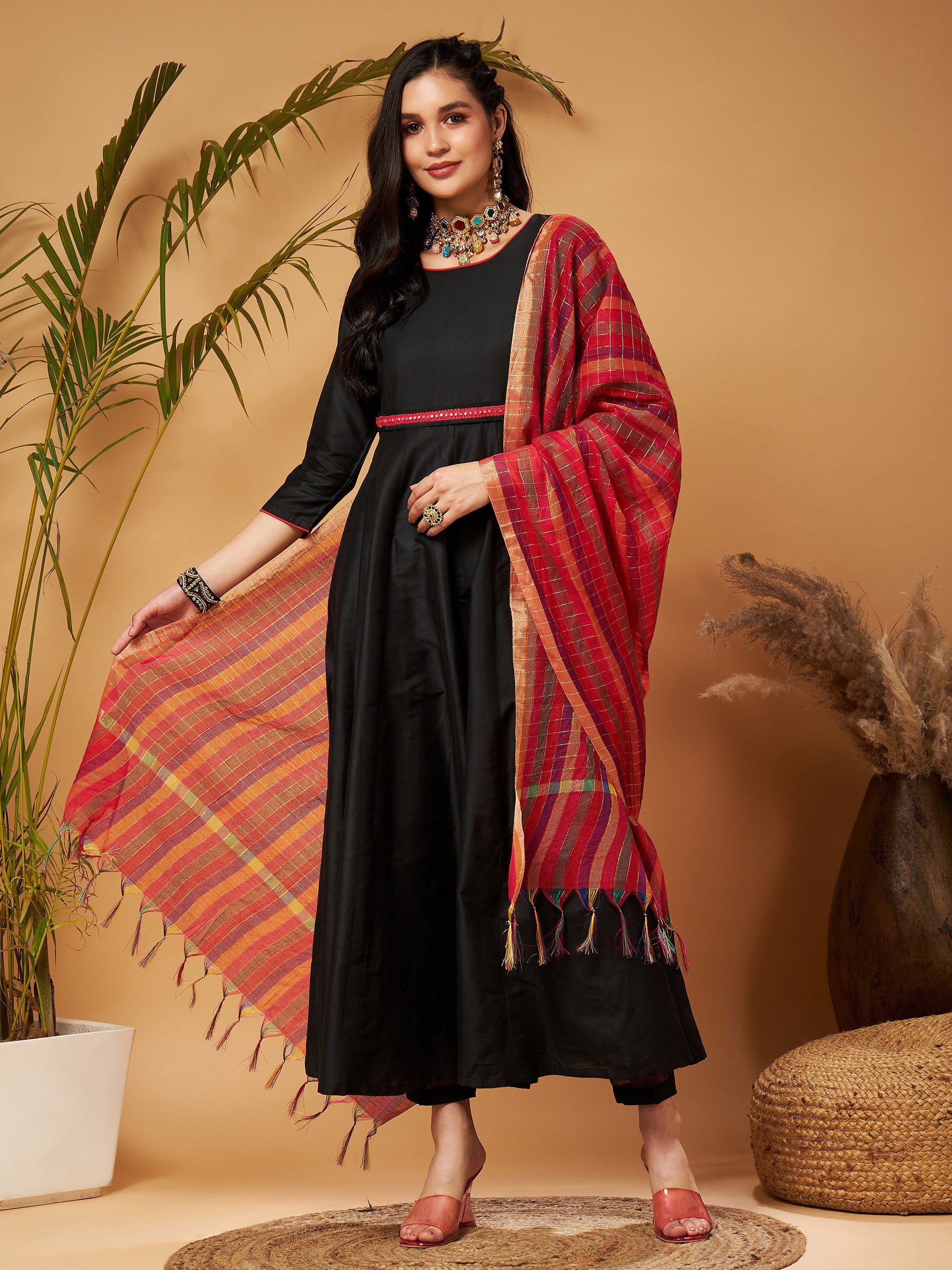 Women Black Anarkali Kurta Set With Red Striped Dupatta