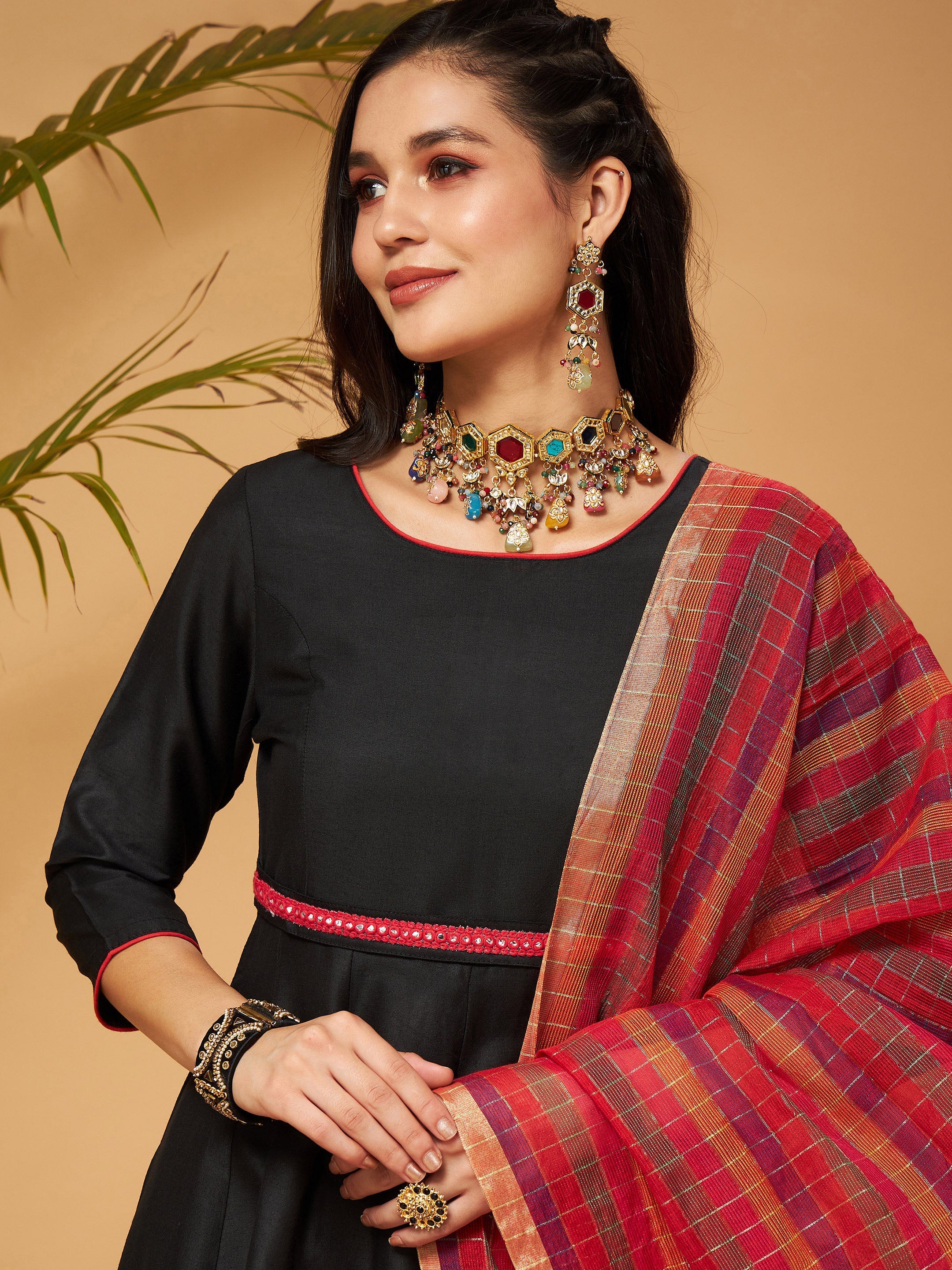 Women Black Anarkali Kurta Set With Red Striped Dupatta