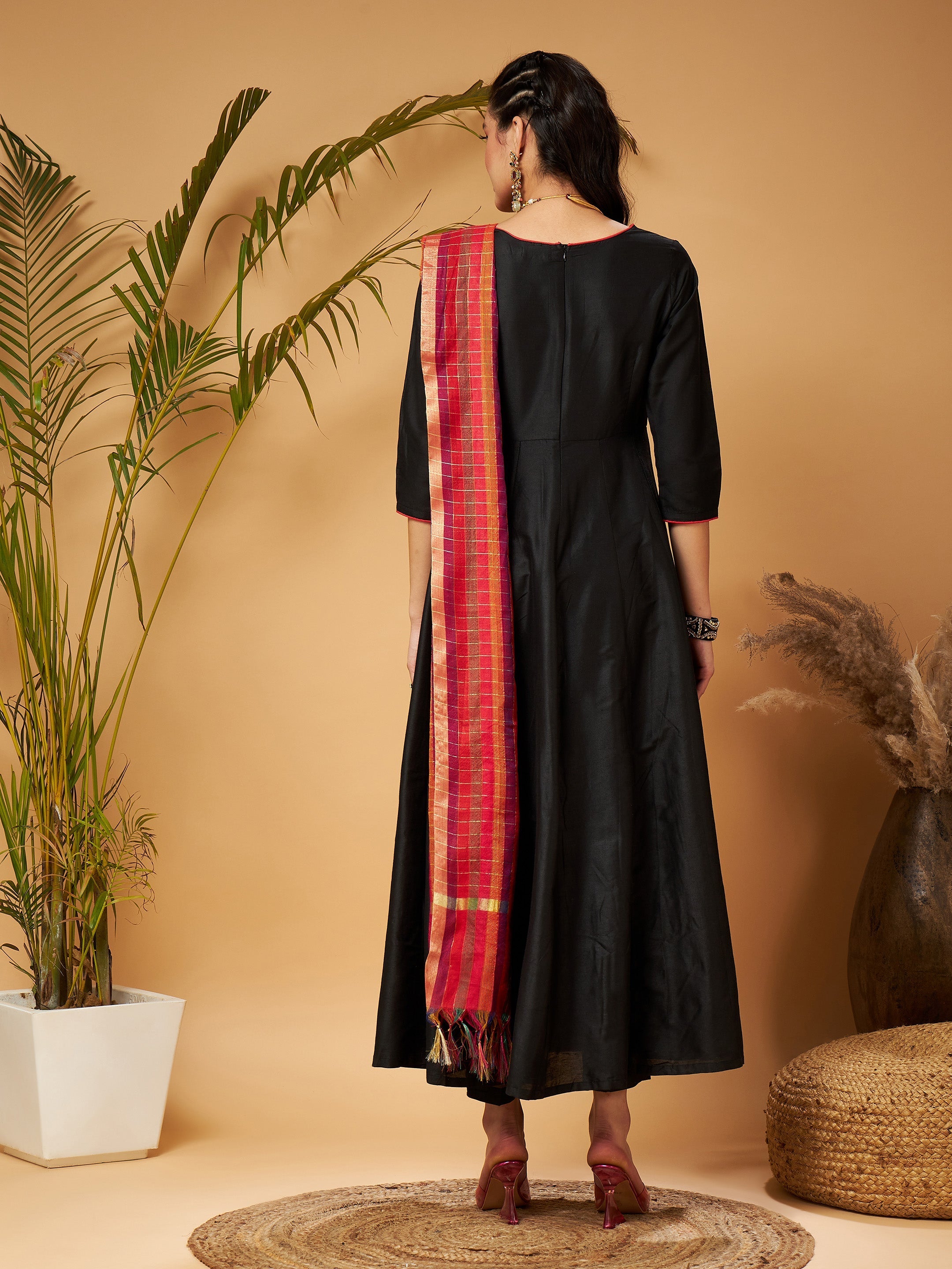 Women Black Anarkali Kurta Set With Red Striped Dupatta