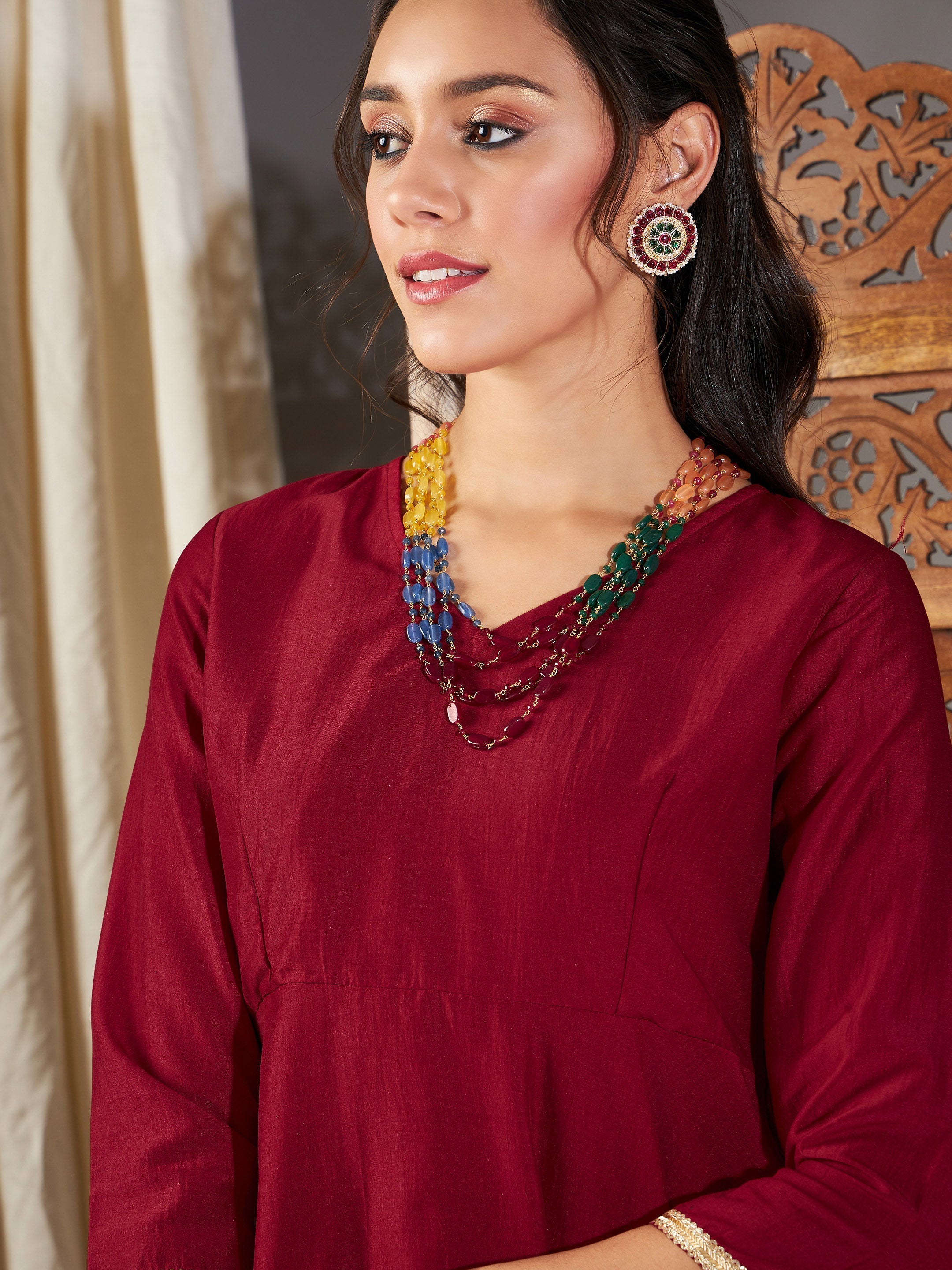 Women Maroon Zari Embroidered Peplum Top With Dhoti Pants