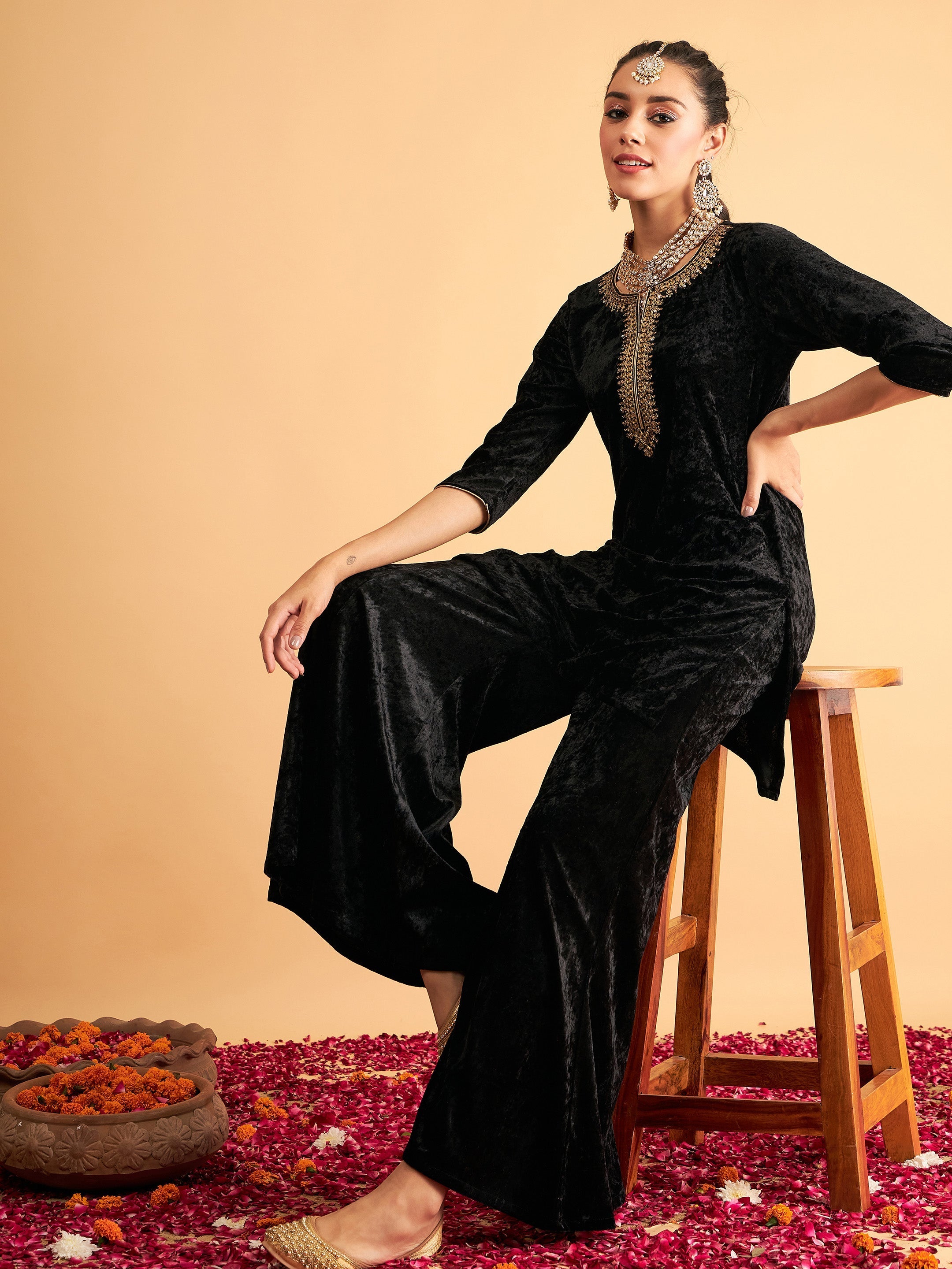 Women Black Velvet Embroidered Short Kurta With Palazzos