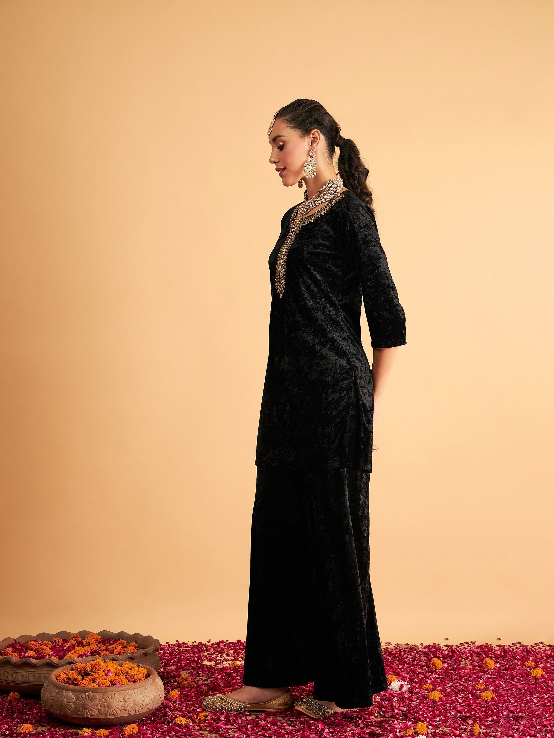 Women Black Velvet Embroidered Short Kurta With Palazzos