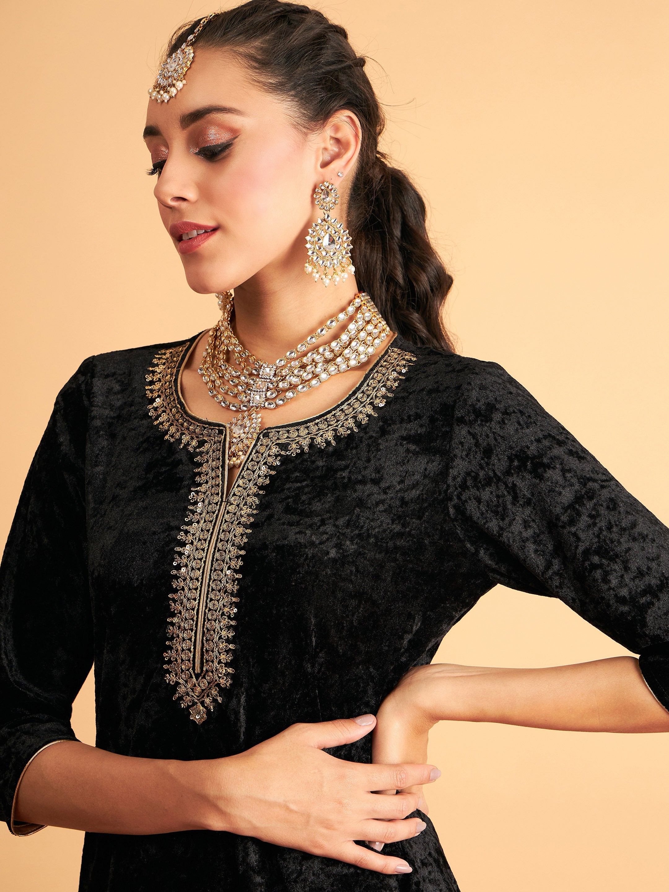 Women Black Velvet Embroidered Short Kurta With Palazzos