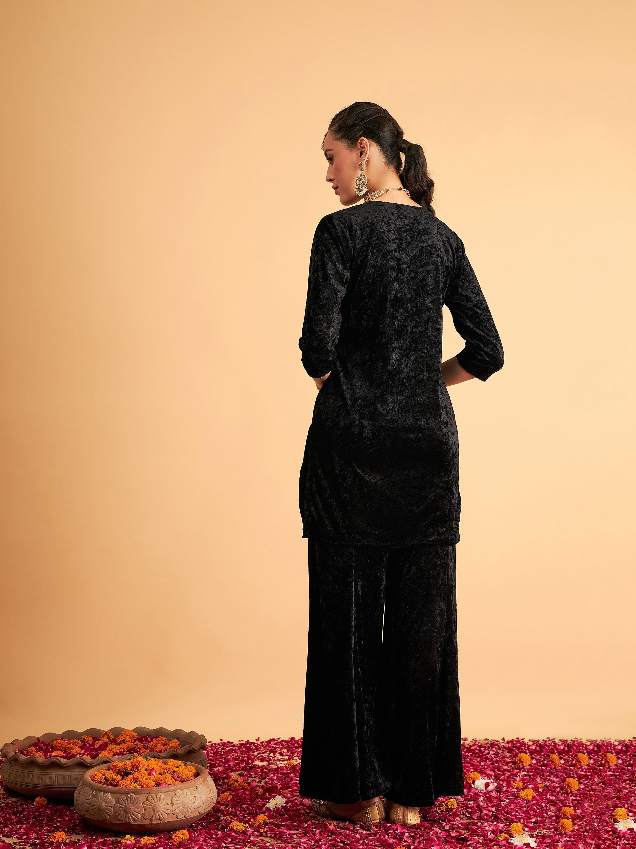 Women Black Velvet Embroidered Short Kurta With Palazzos