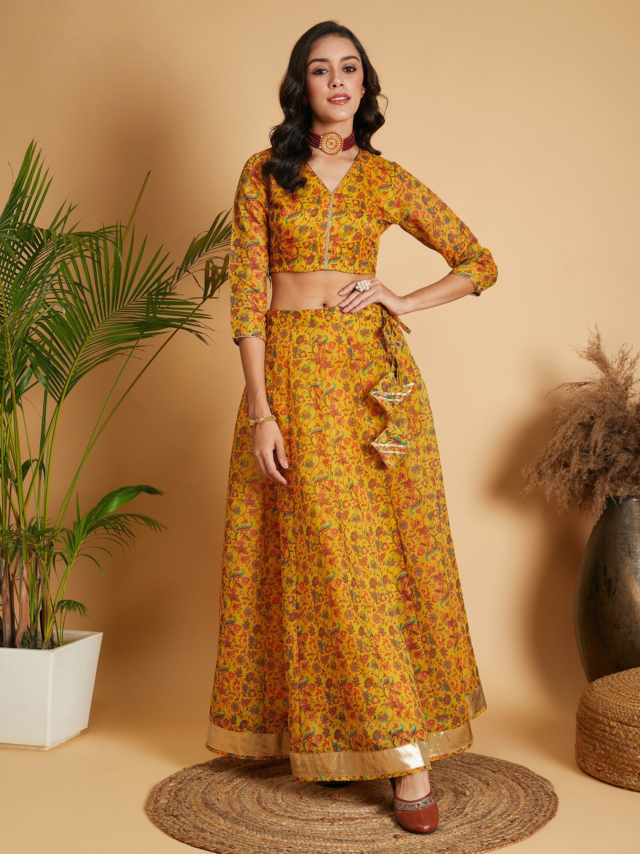 Women Mustard Floral Anarkali Skirt With Crop Top