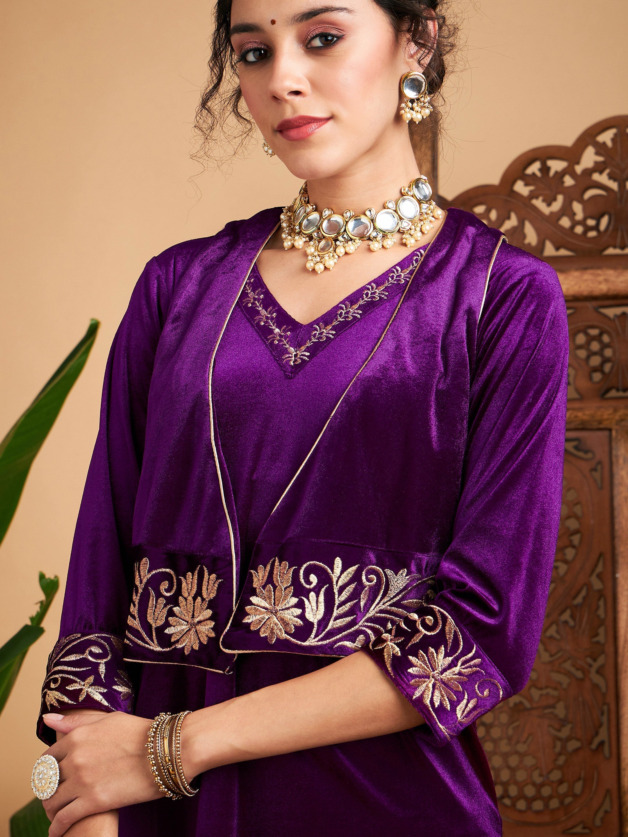 Women Purple Zari Velvet Straight Kurta Set With WaistCoat