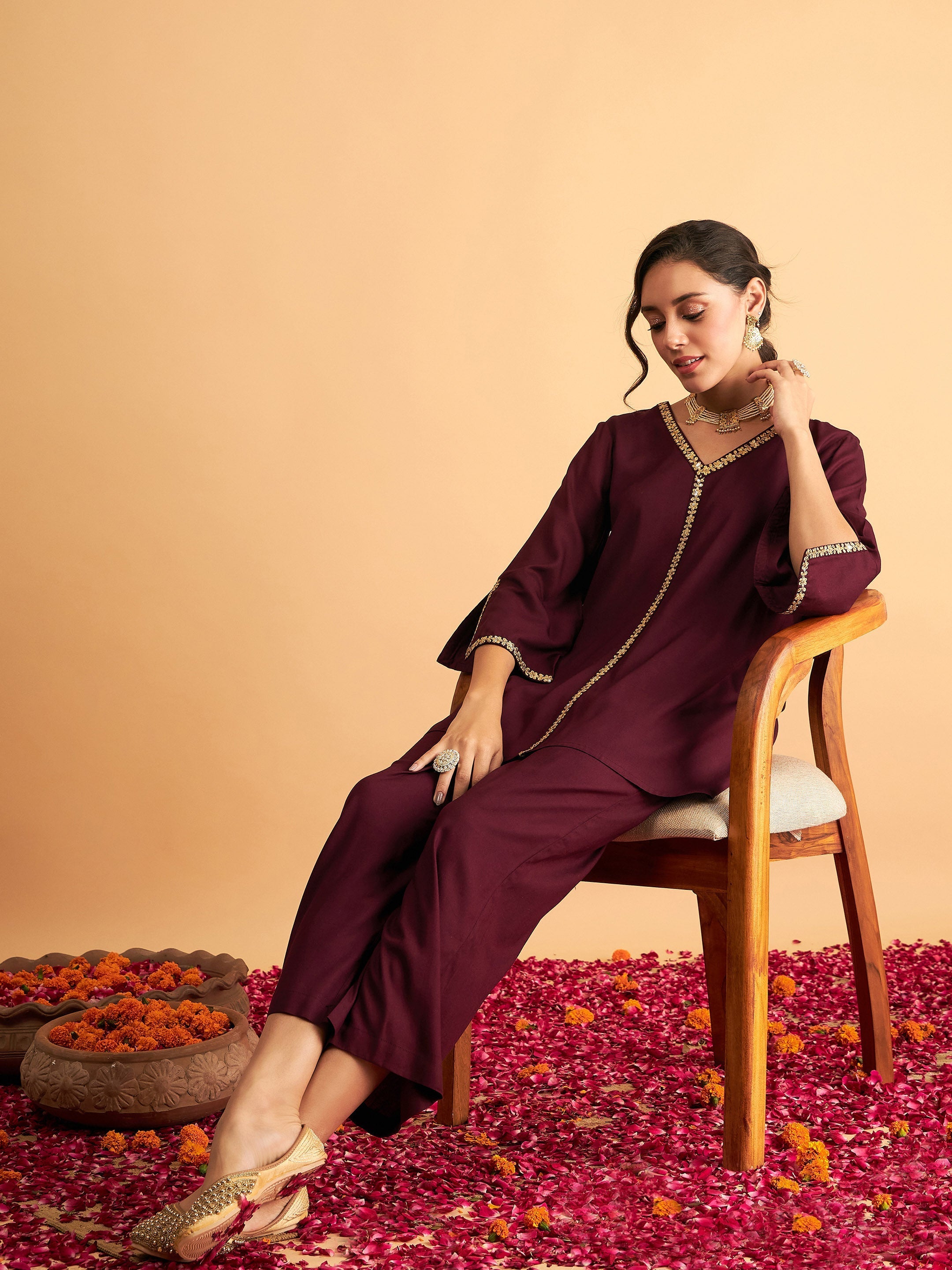 Women Burgundy Embroidered A Line Top With Straight Pants