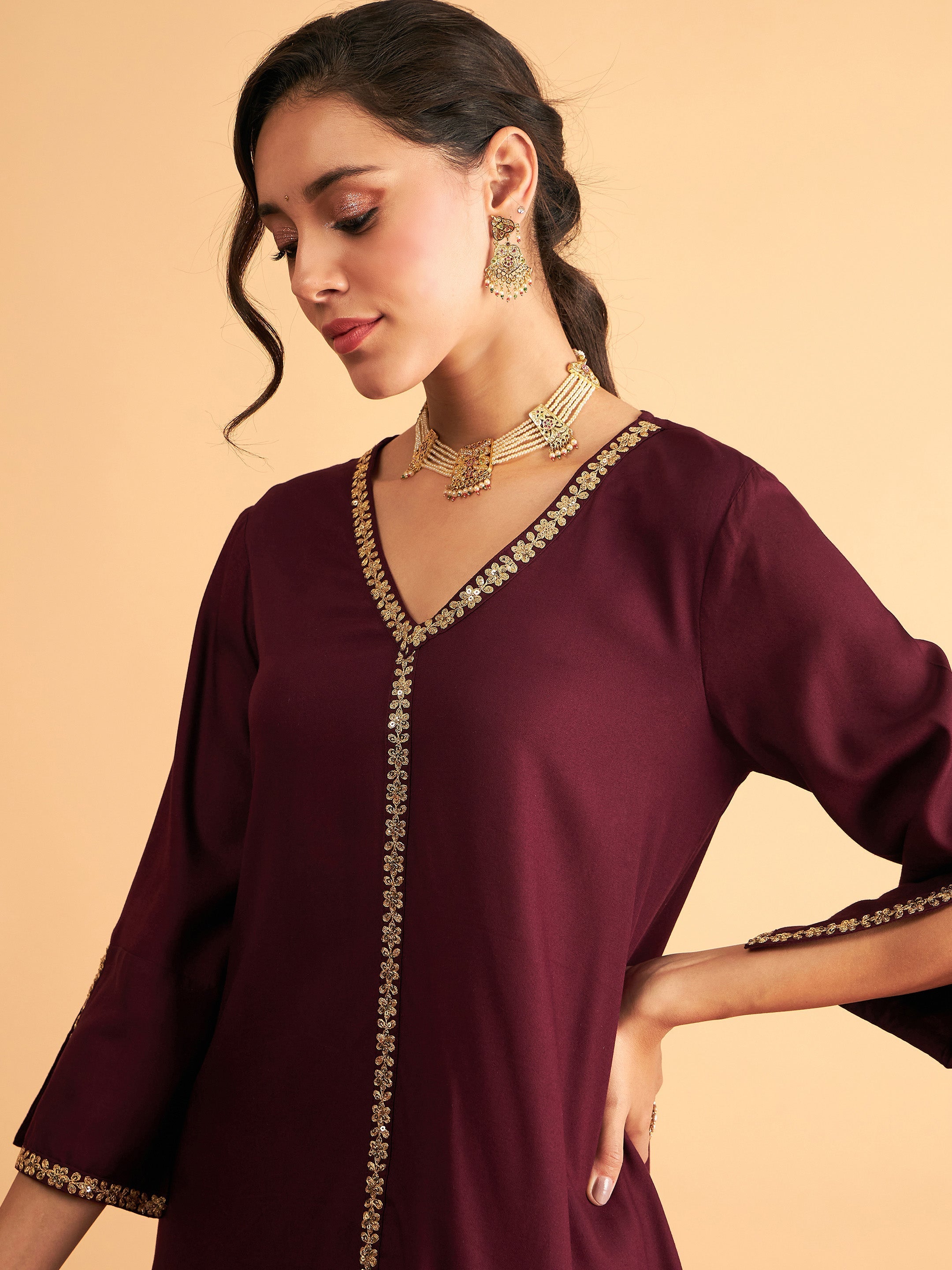 Women Burgundy Embroidered A Line Top With Straight Pants