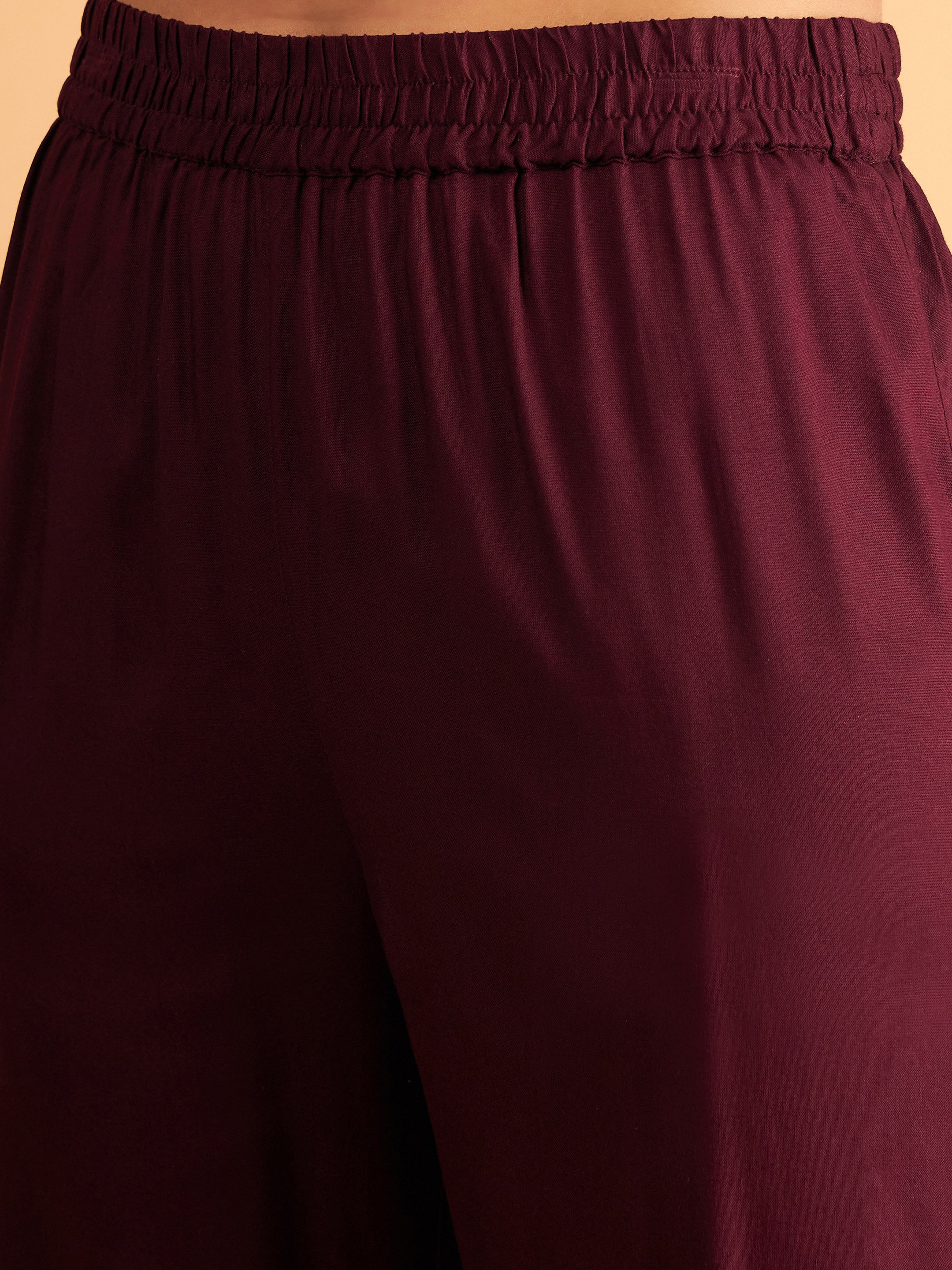 Women Burgundy Embroidered A Line Top With Straight Pants