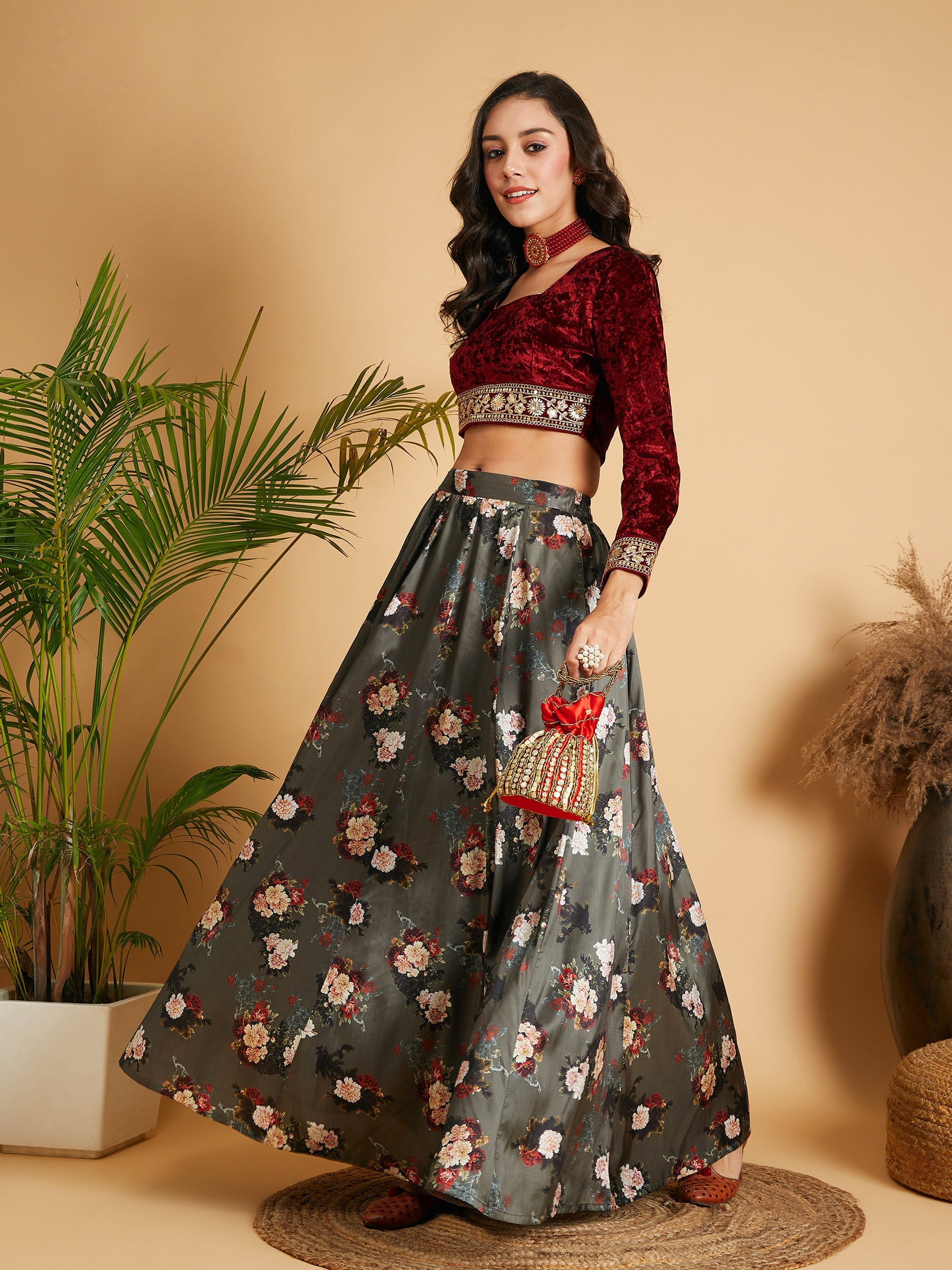 Women Olive Floral Skirt With Maroon Velvet Full Sleeves Crop Top