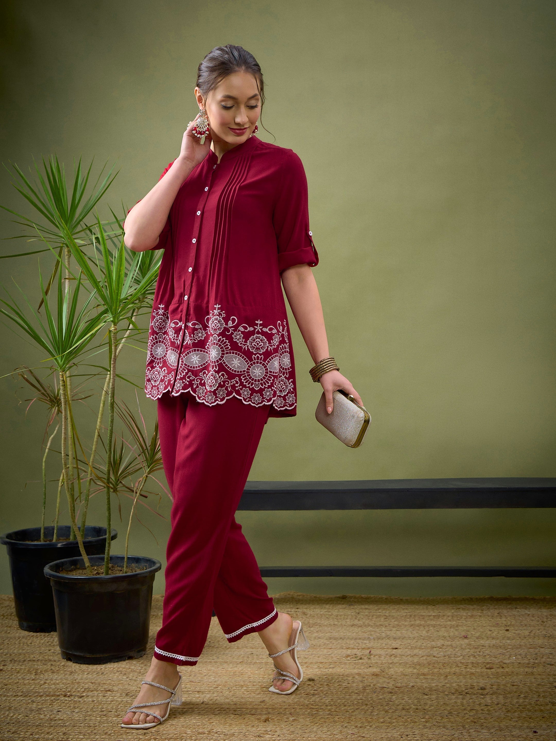 Women Maroon Hem Embroidered Shirt With Palazzos