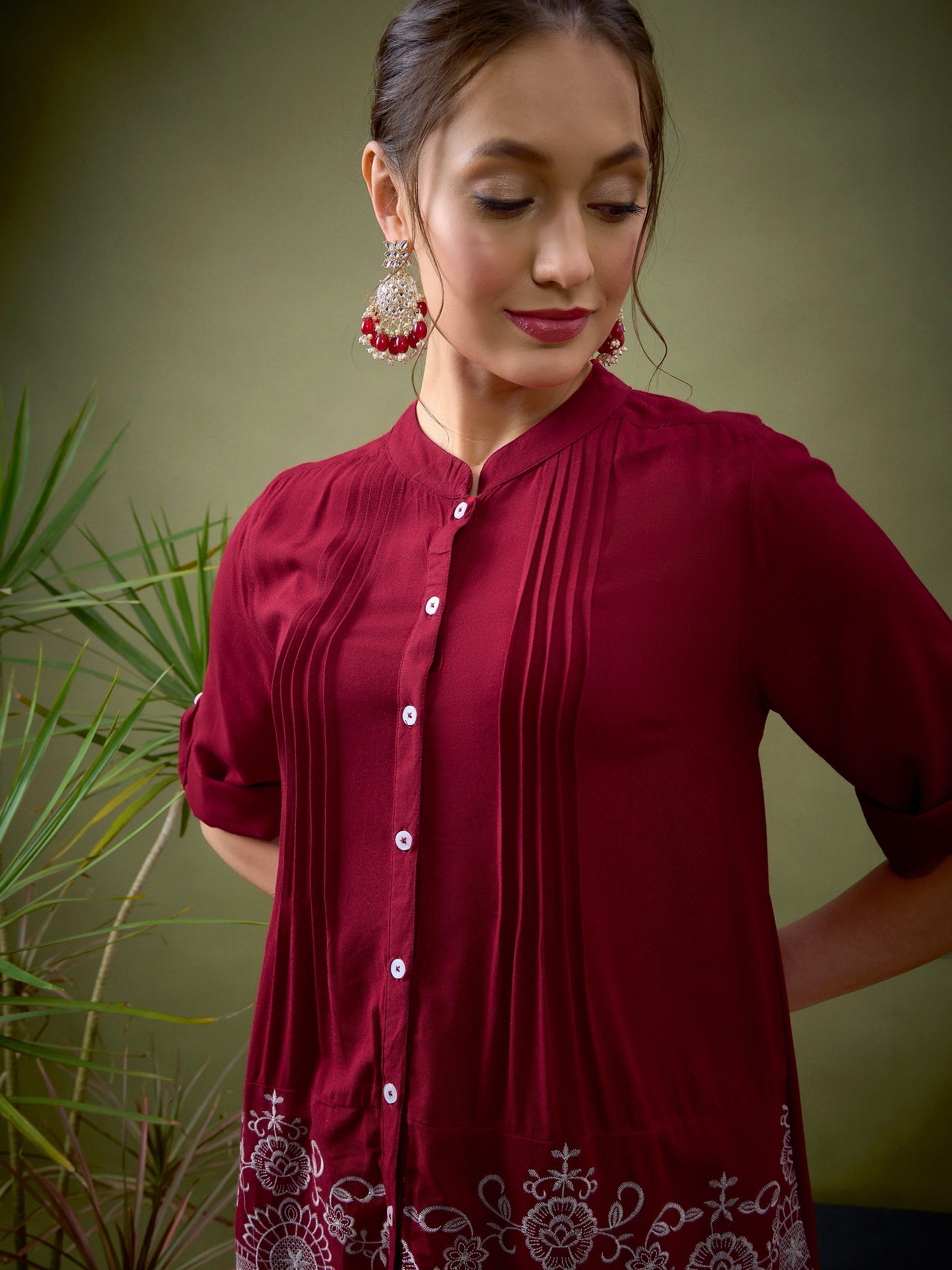 Women Maroon Hem Embroidered Shirt With Palazzos