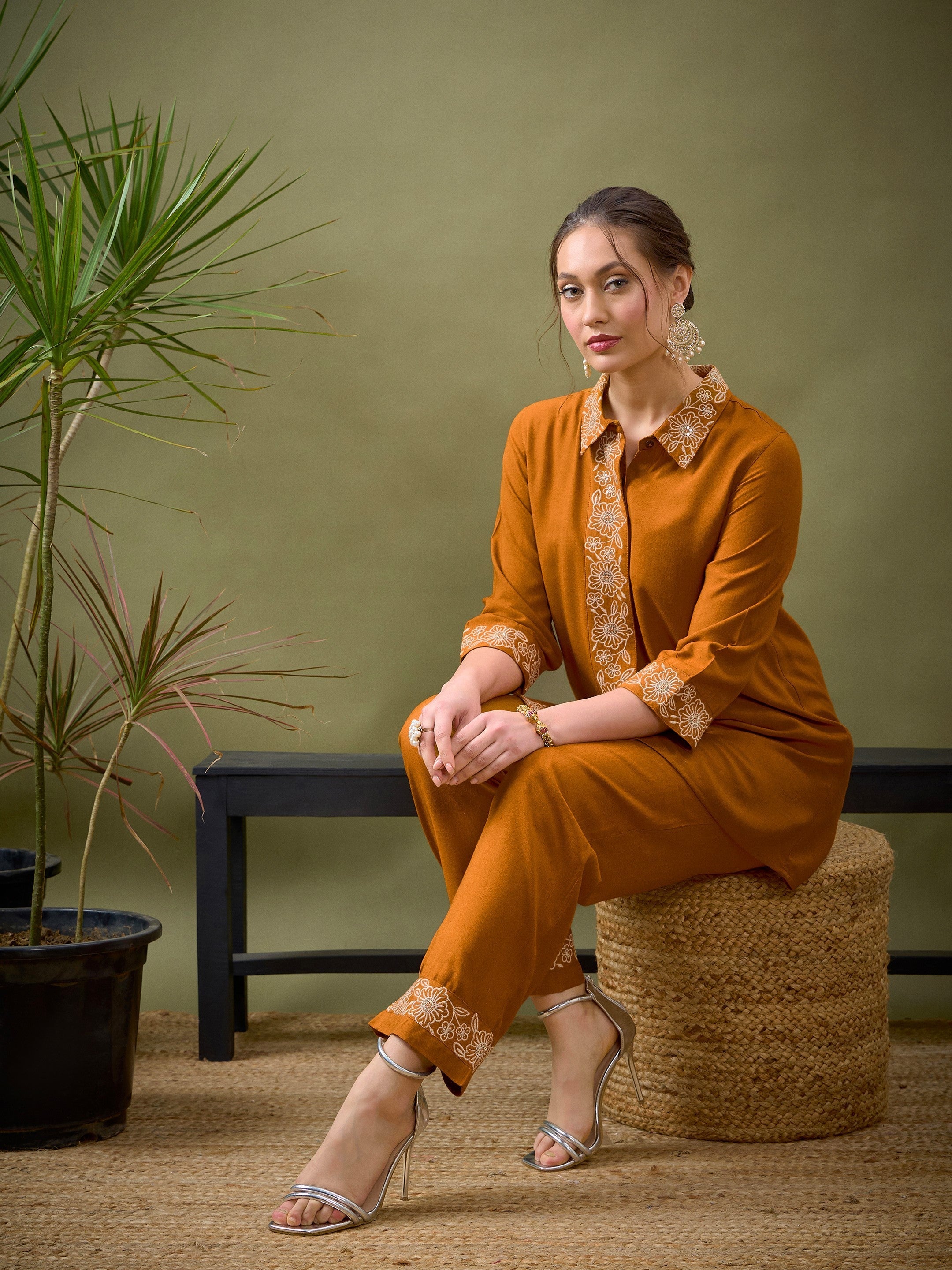 Women Mustard Collar And Placket Embroidered Shirt With Palazzos