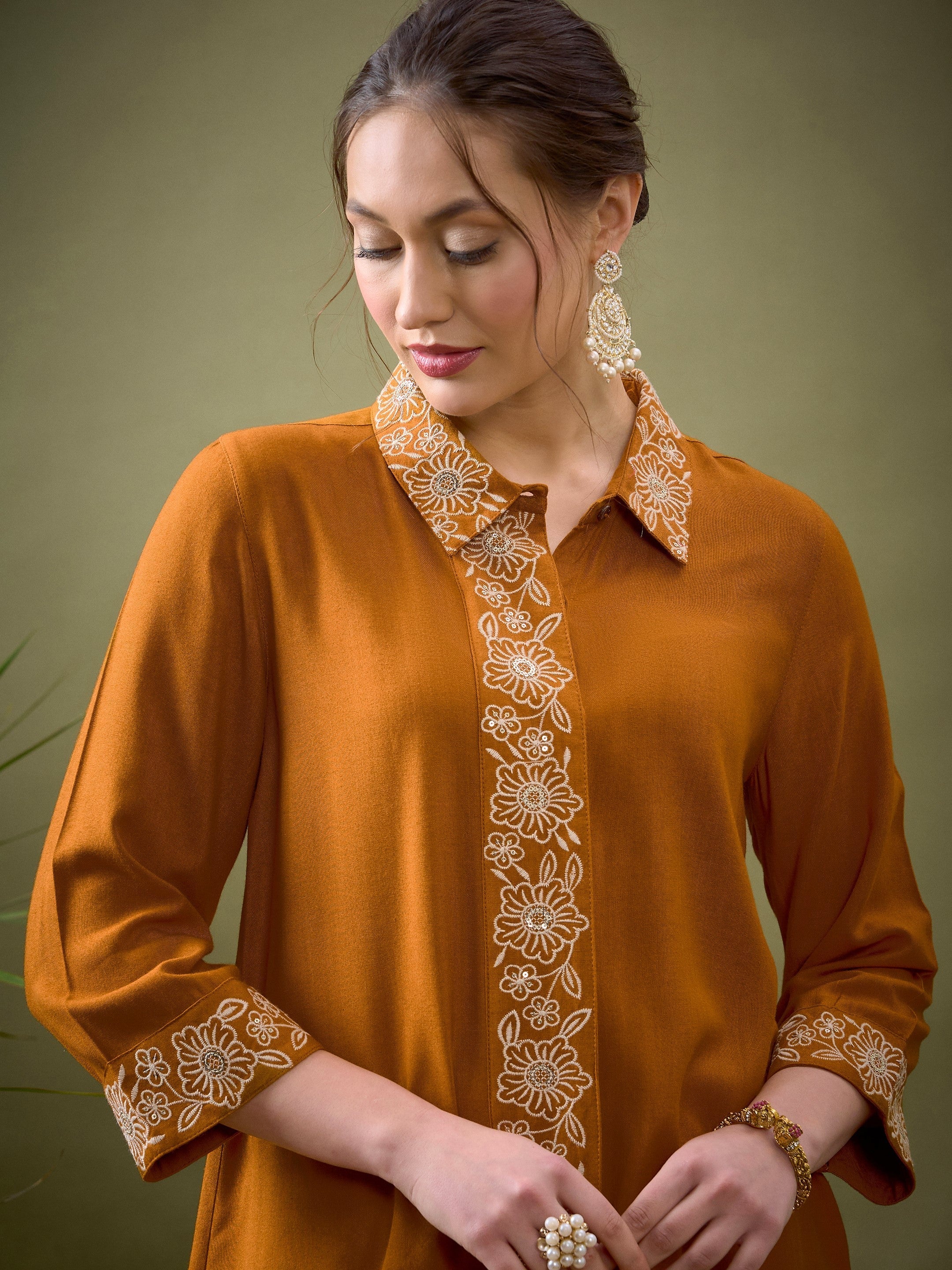 Women Mustard Collar And Placket Embroidered Shirt With Palazzos