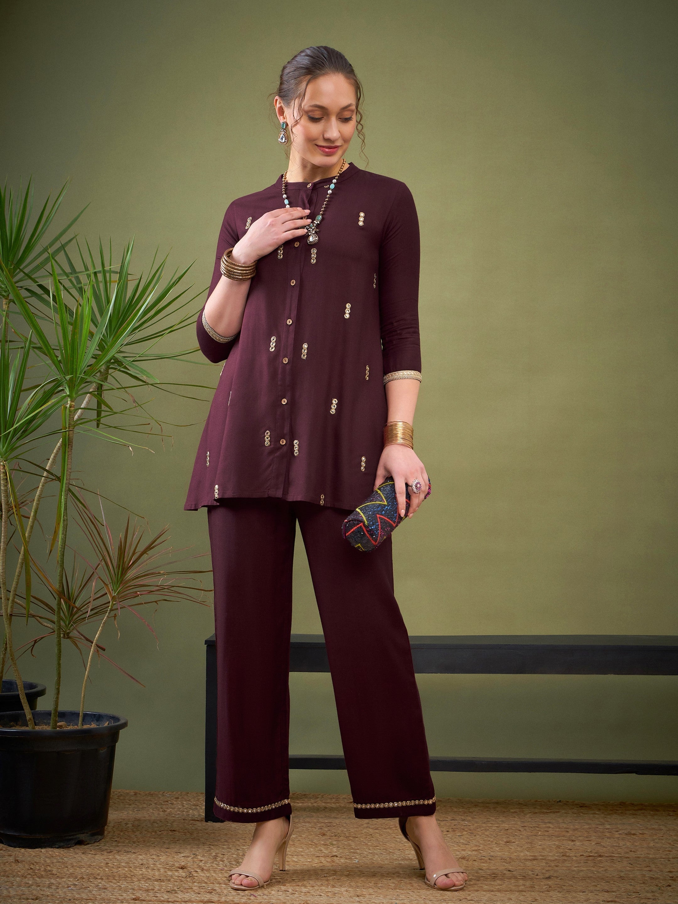 Women Burgundy Rayon Mirror Embroidered Shirt With Palazzos