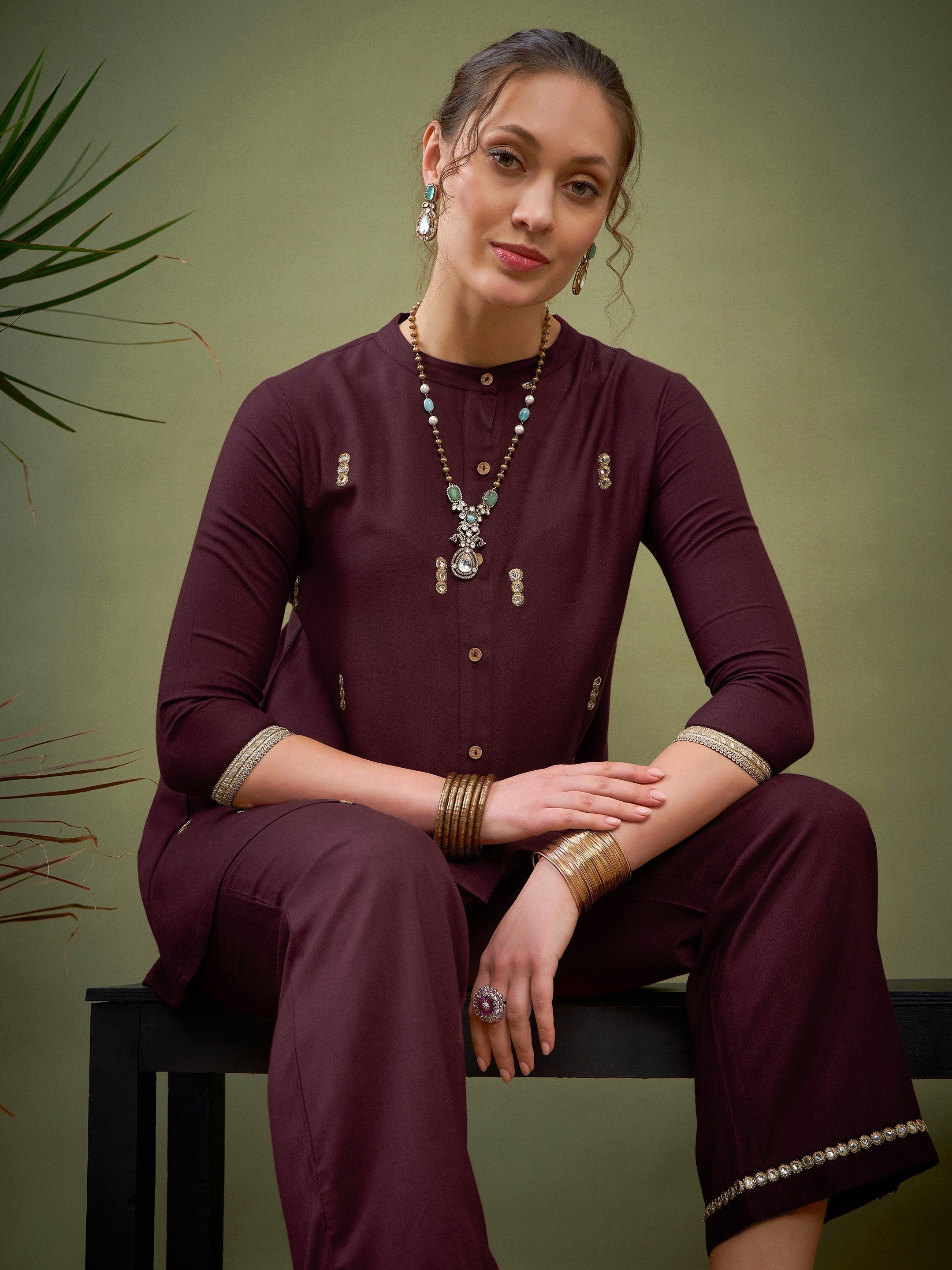 Women Burgundy Rayon Mirror Embroidered Shirt With Palazzos