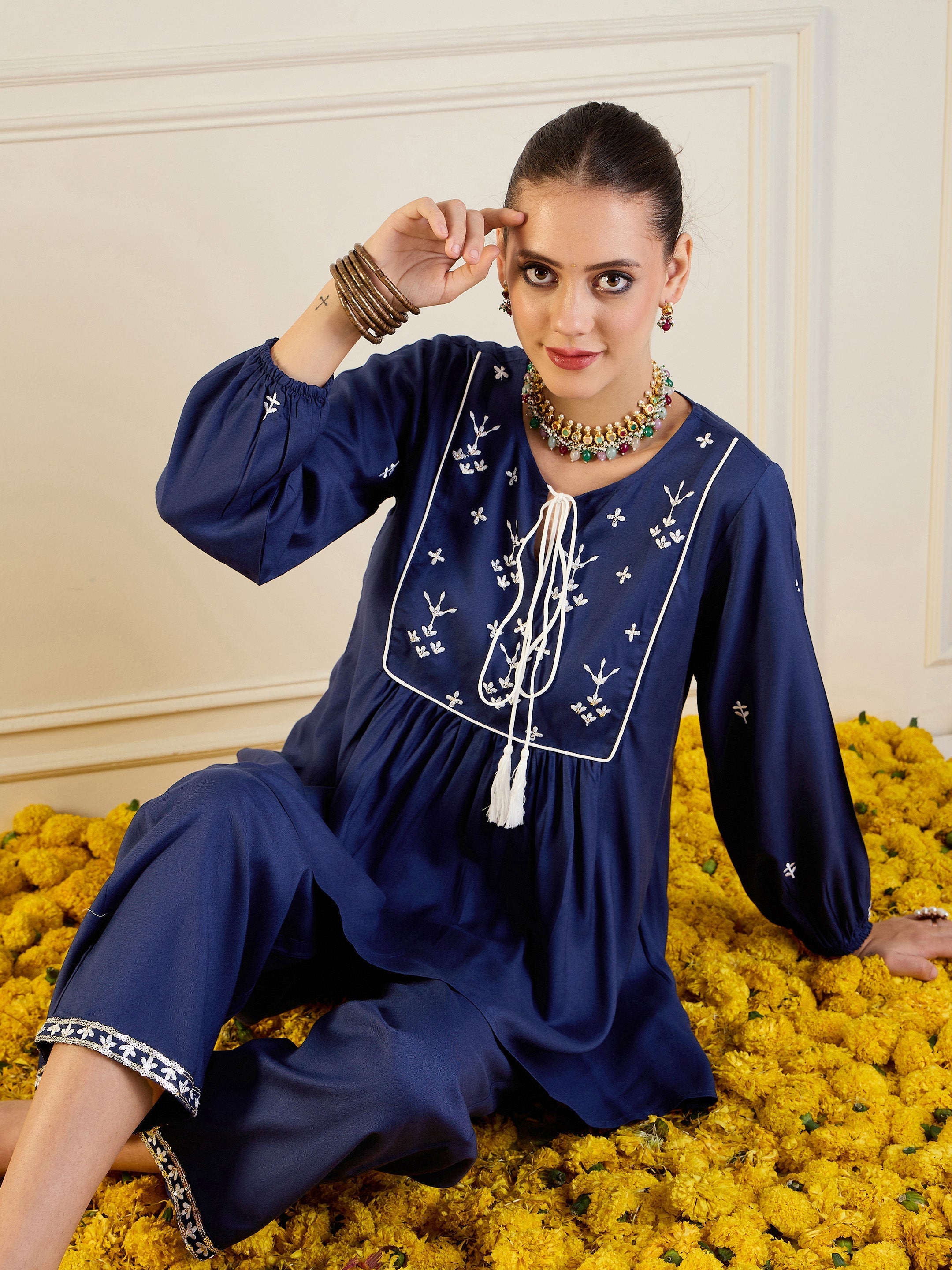 Women Royal Blue Embroidered Peplum Top With Palazzos