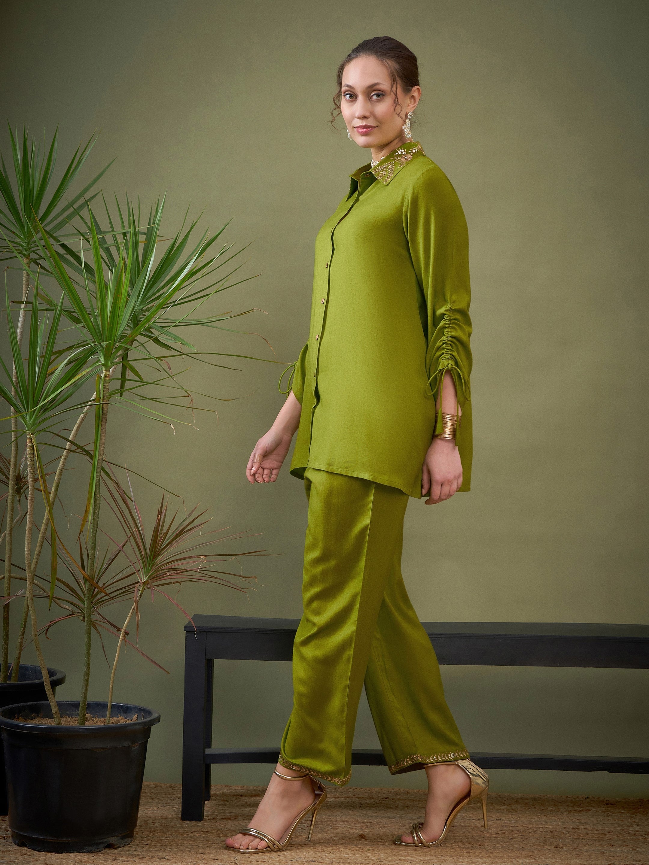 Women Green Collar Embroidered Shirt With Palazzos