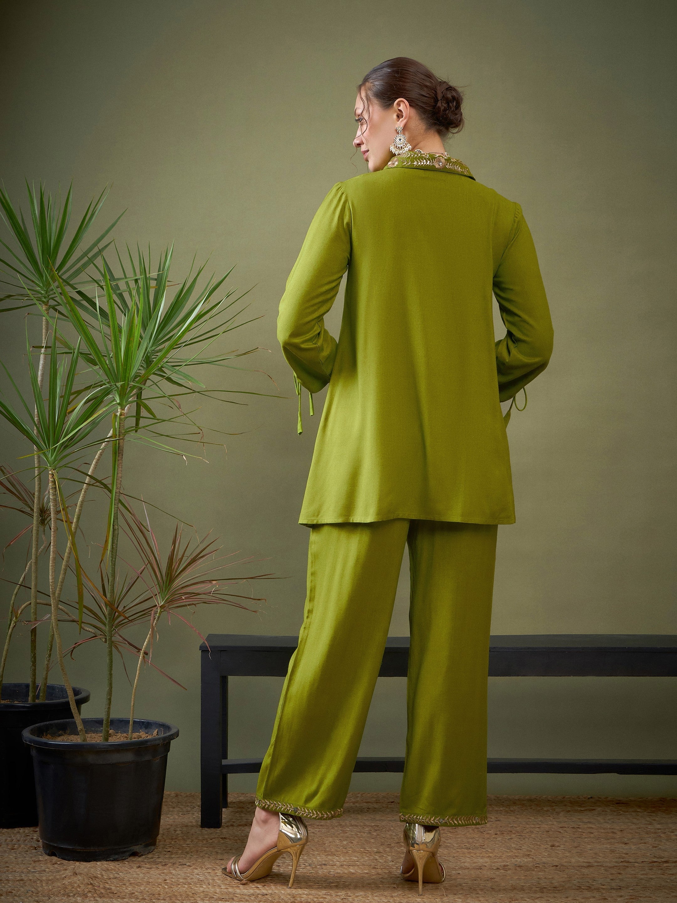 Women Green Collar Embroidered Shirt With Palazzos