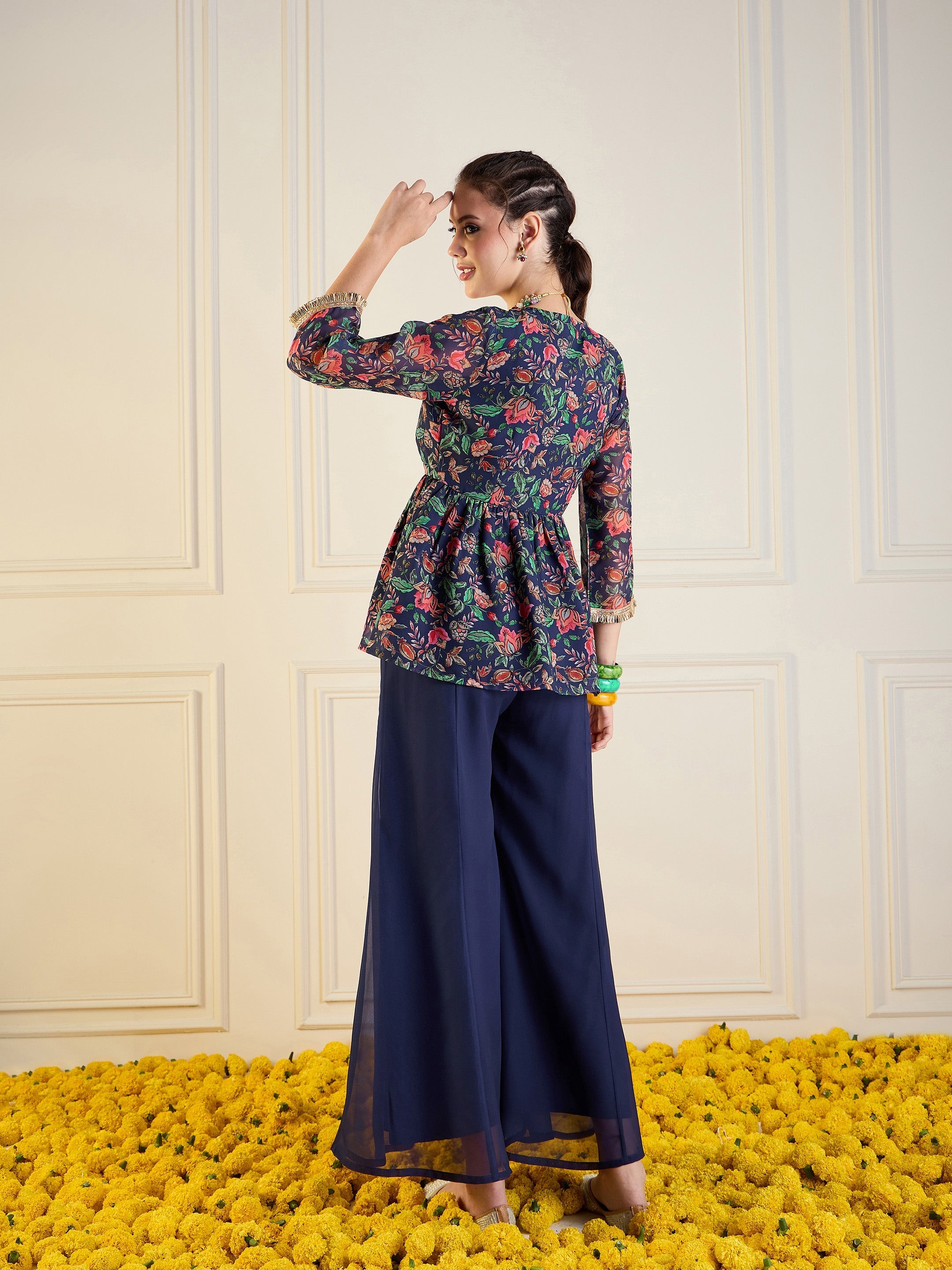 Women Navy Floral Peplum Top With Flared Pants