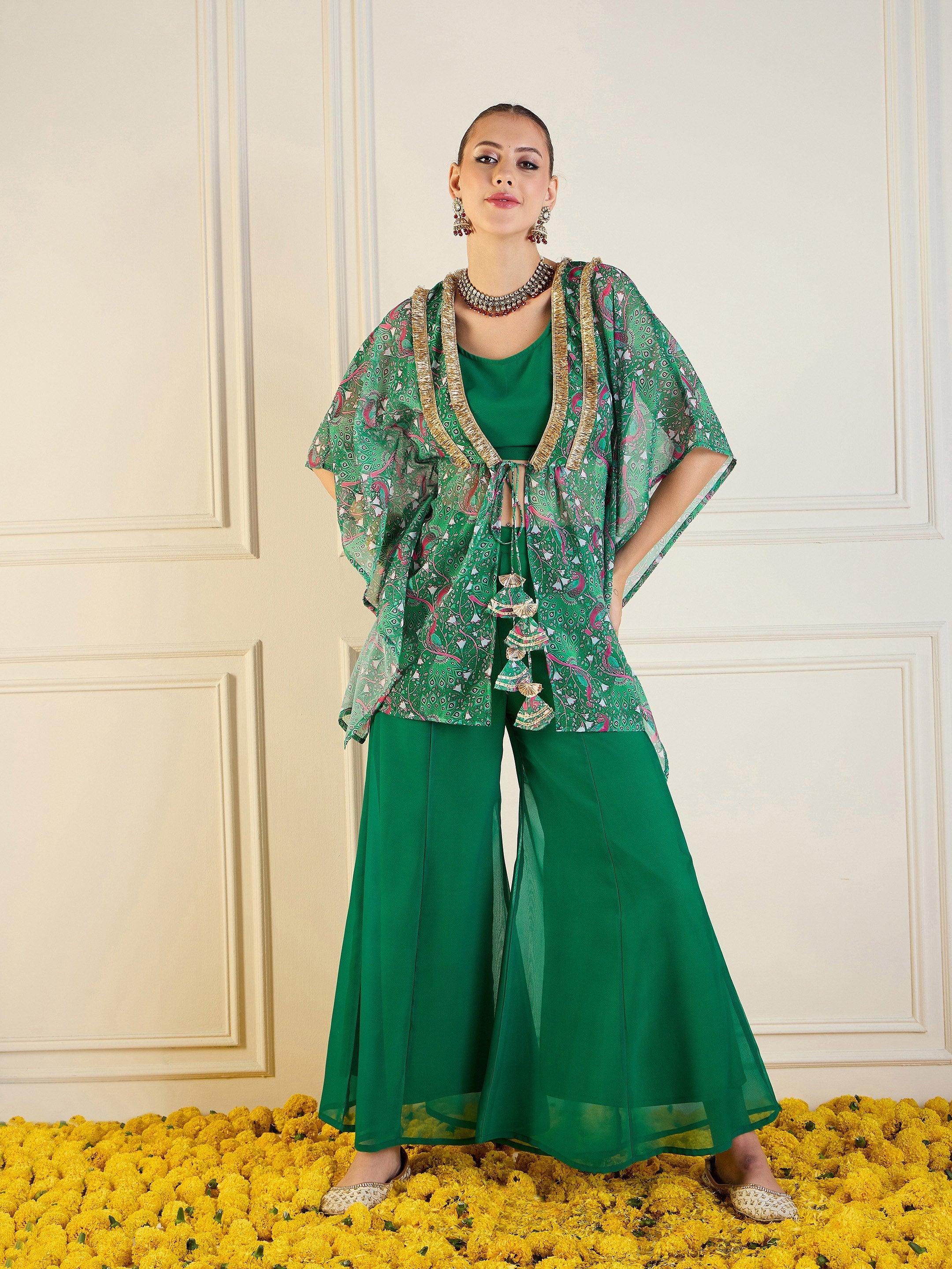 Women Green Printed Cape With Flared Pants & Crop Top