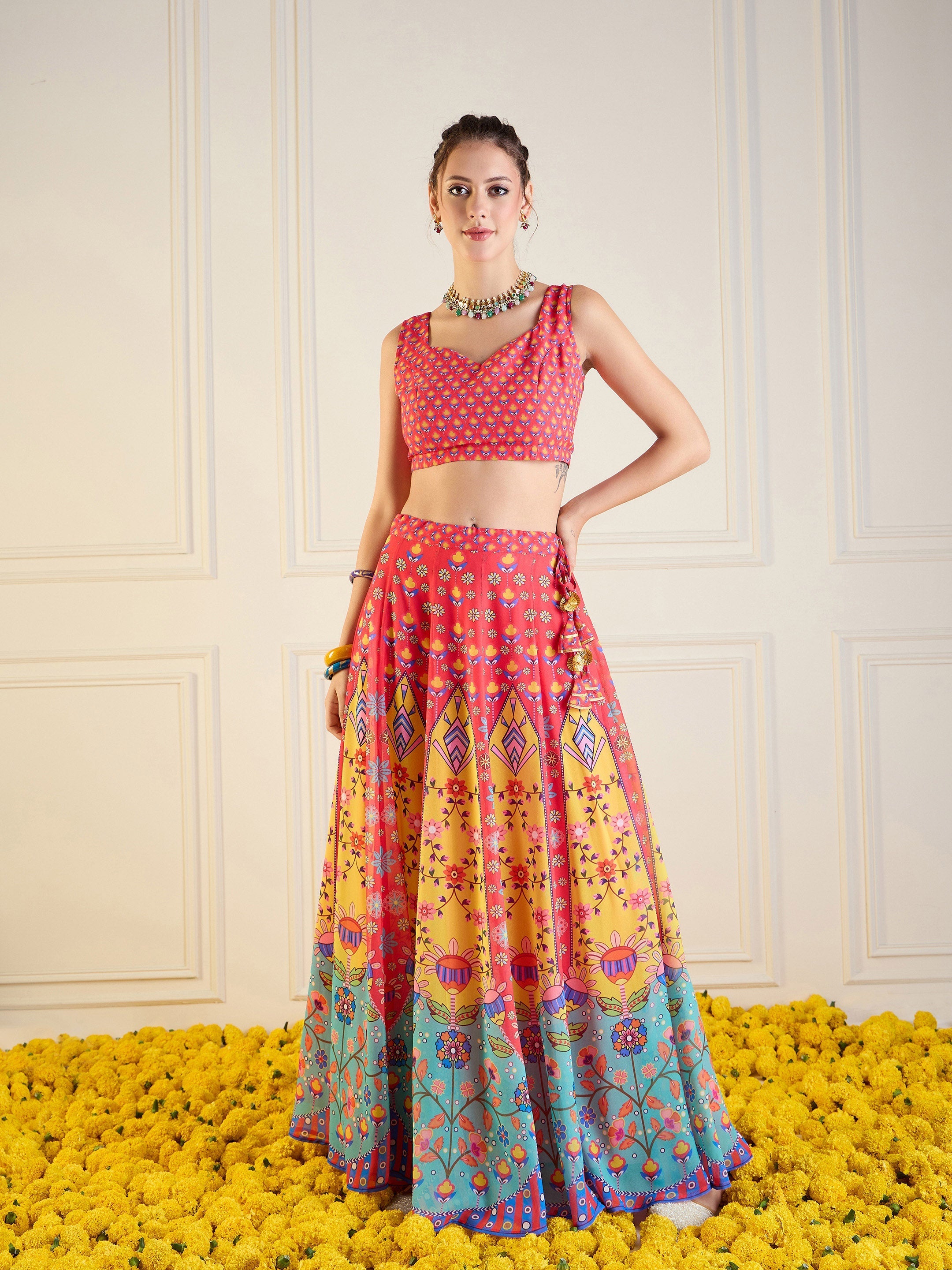 Women Red & Yellow Floral Anarkali Skirt With Dori Crop Top